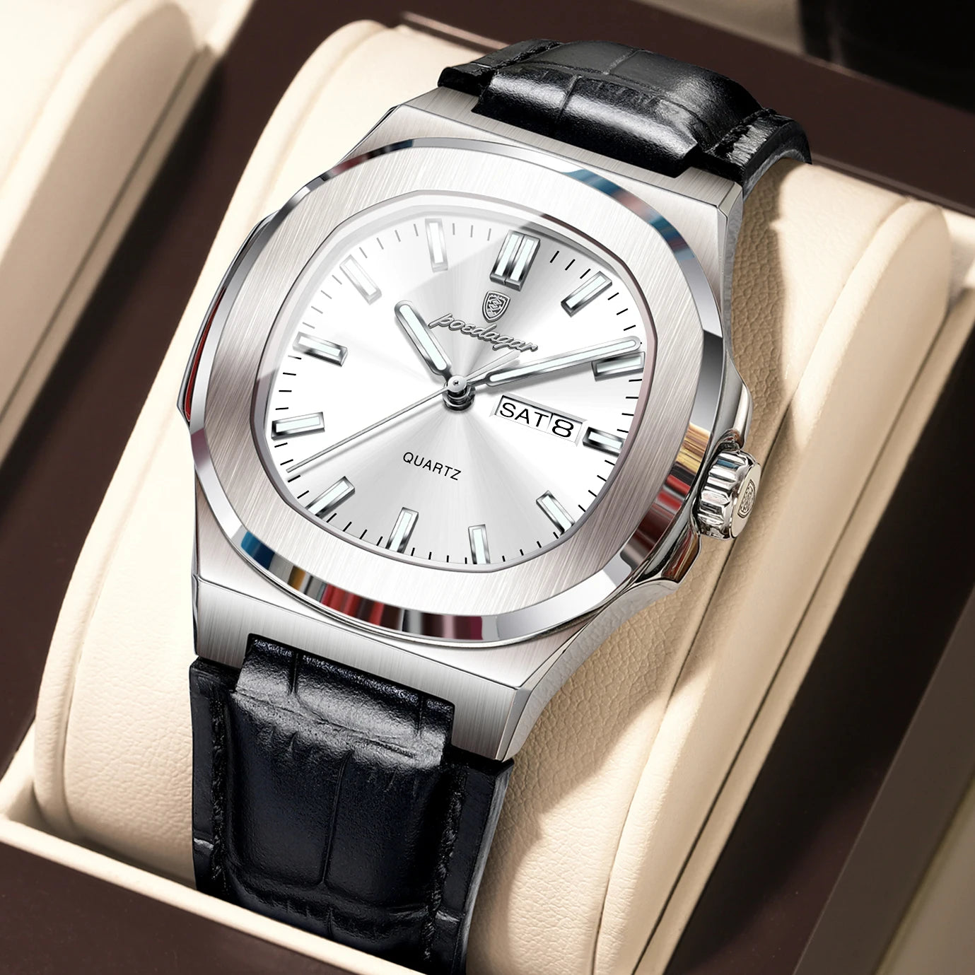 POEDAGAR High Quality Watch For Men Luxury Luminous Waterproof Week Calendar Man Clock Leather Square Men's Quartz Watches Reloj