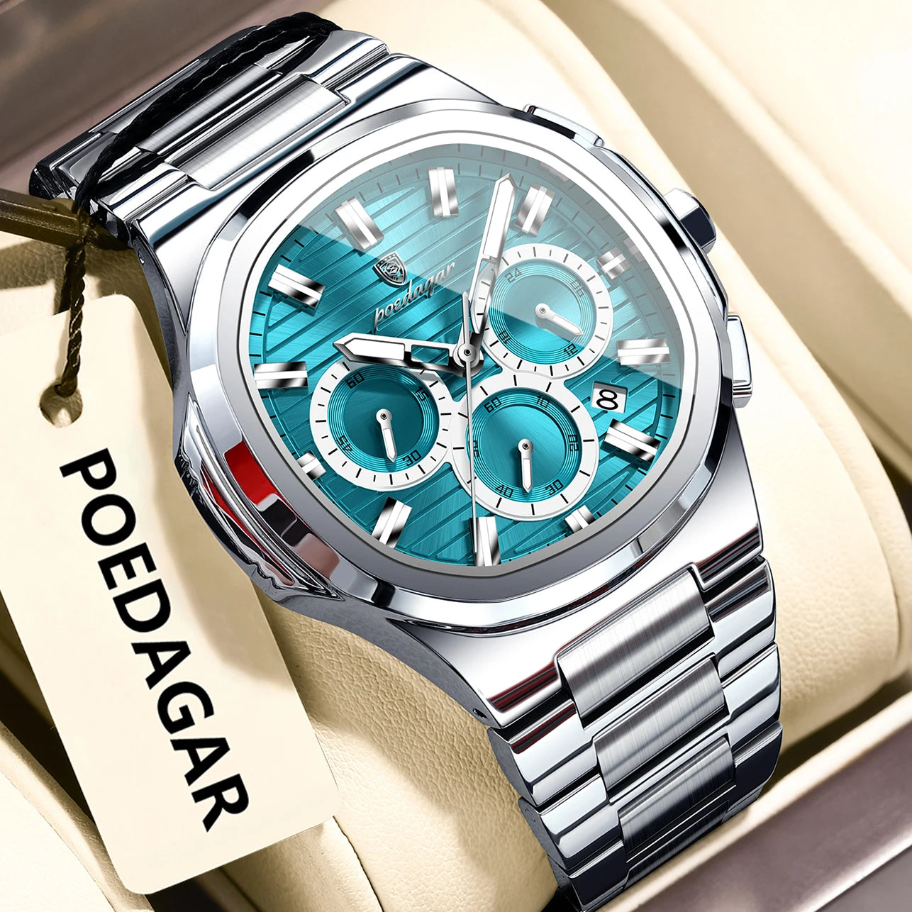 POEDAGAR Business Man Wristwatch Date Chronograph Waterproof Luminous Luxury Men Watch Stainless Steel Quartz Men's Watches Male