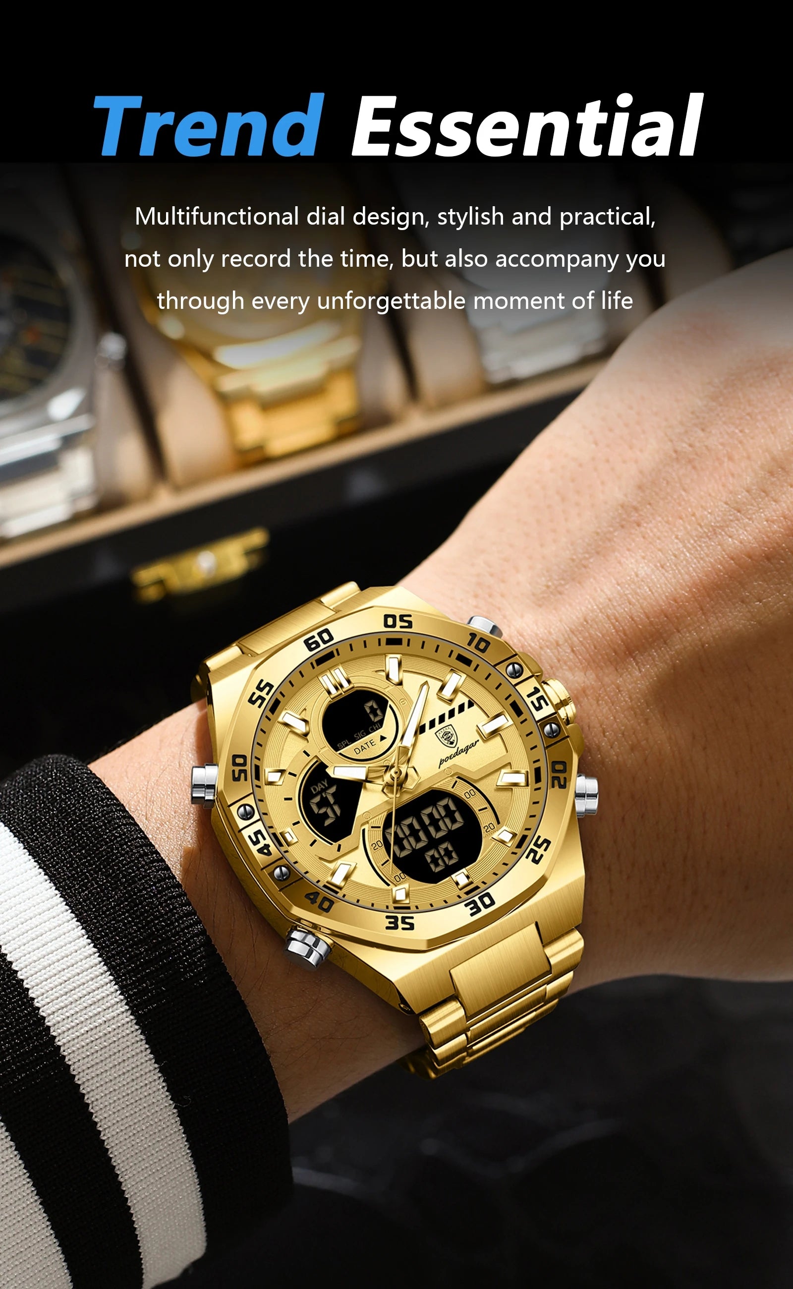 POEDAGAR New Men Clock LED Luminous Waterproof Week Date Military Man Wristwatch Electronic Stainless Steel Quartz Men's Watches