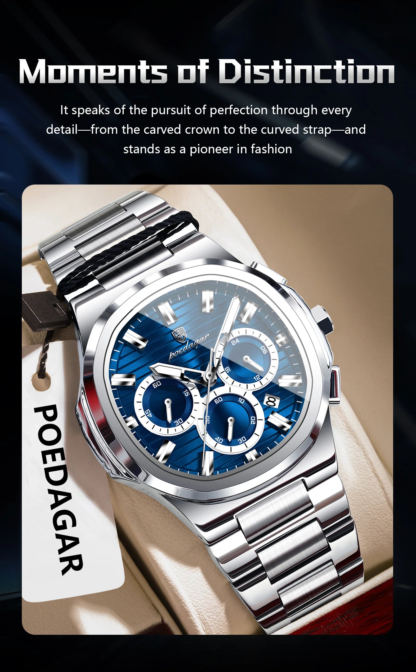 POEDAGAR Business Man Wristwatch Date Chronograph Waterproof Luminous Luxury Men Watch Stainless Steel Quartz Men's Watches Male