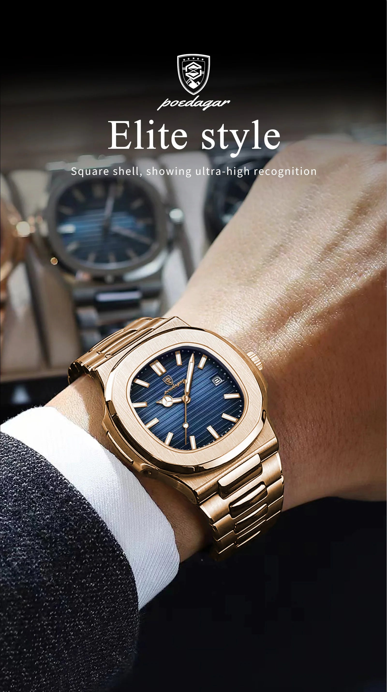 POEDAGAR Fashion Square Male Quartz Watch Waterproof Luminous Date Stainless Steel Man Watch Business Luxury Men's Watches Reloj