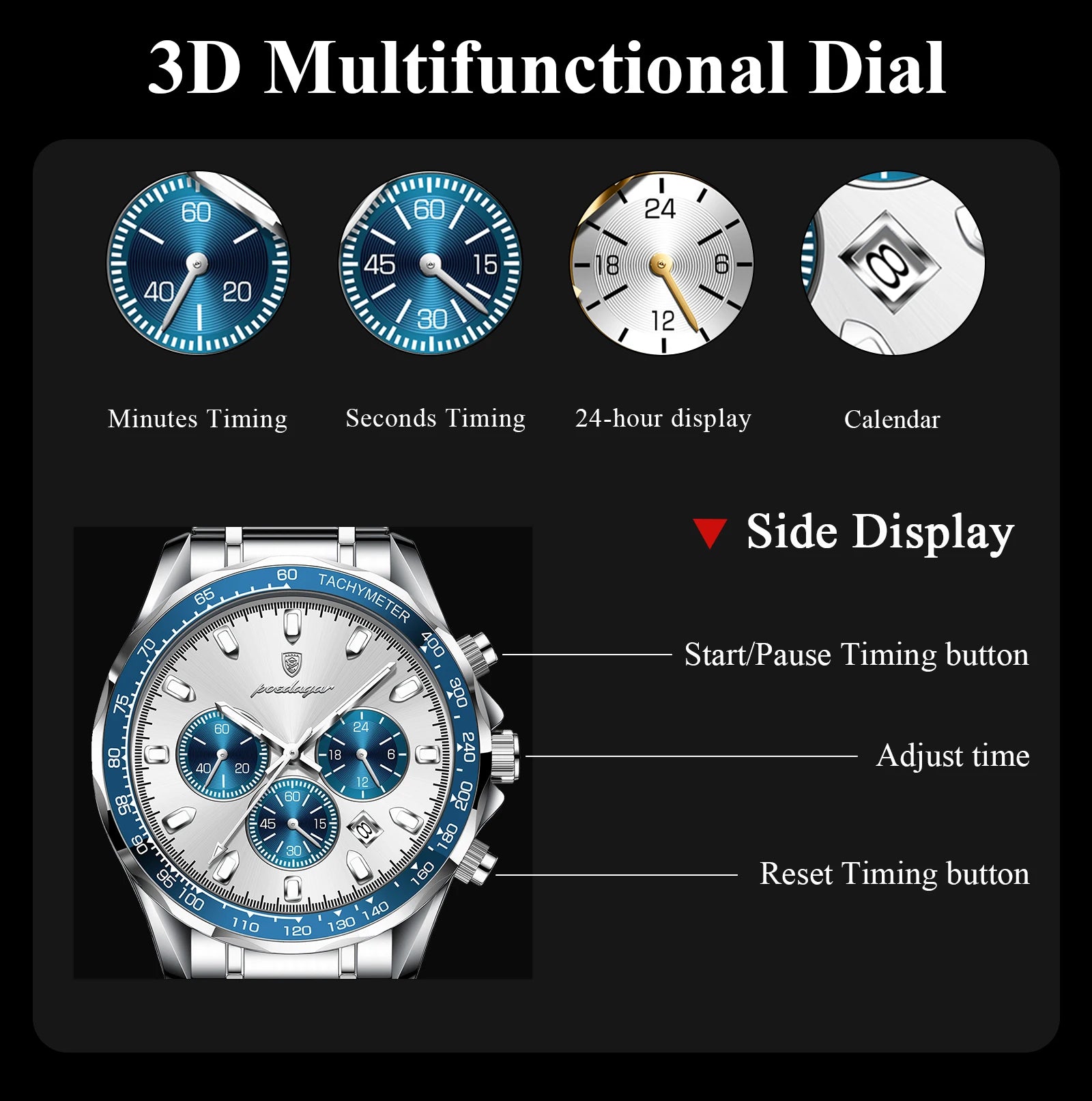 POEDAGAR Luxury Brand Men Watch Waterproof Luminous Stainless Steel Men's Watches Chronograph Date Quartz Business Watch For Man