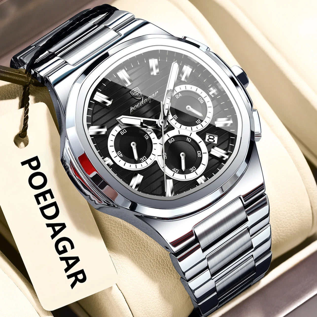 POEDAGAR Business Man Wristwatch Date Chronograph Waterproof Luminous Luxury Men Watch Stainless Steel Quartz Men's Watches Male