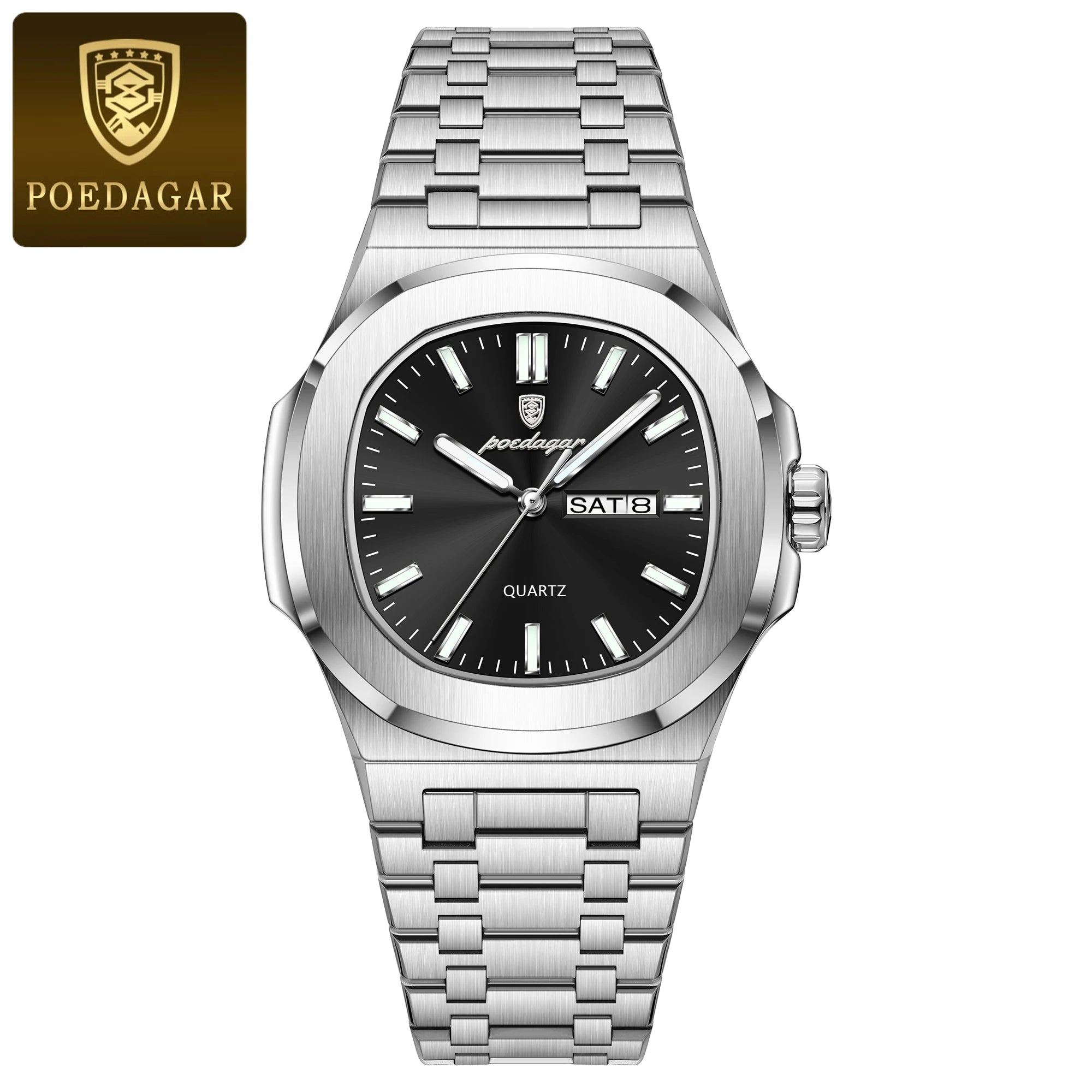 POEDAGAR Luxury Square Men's Watches Waterproof Luminous Date Week Men Watch Stainless Steel Fashion Quartz Man Wristwatch Reloj