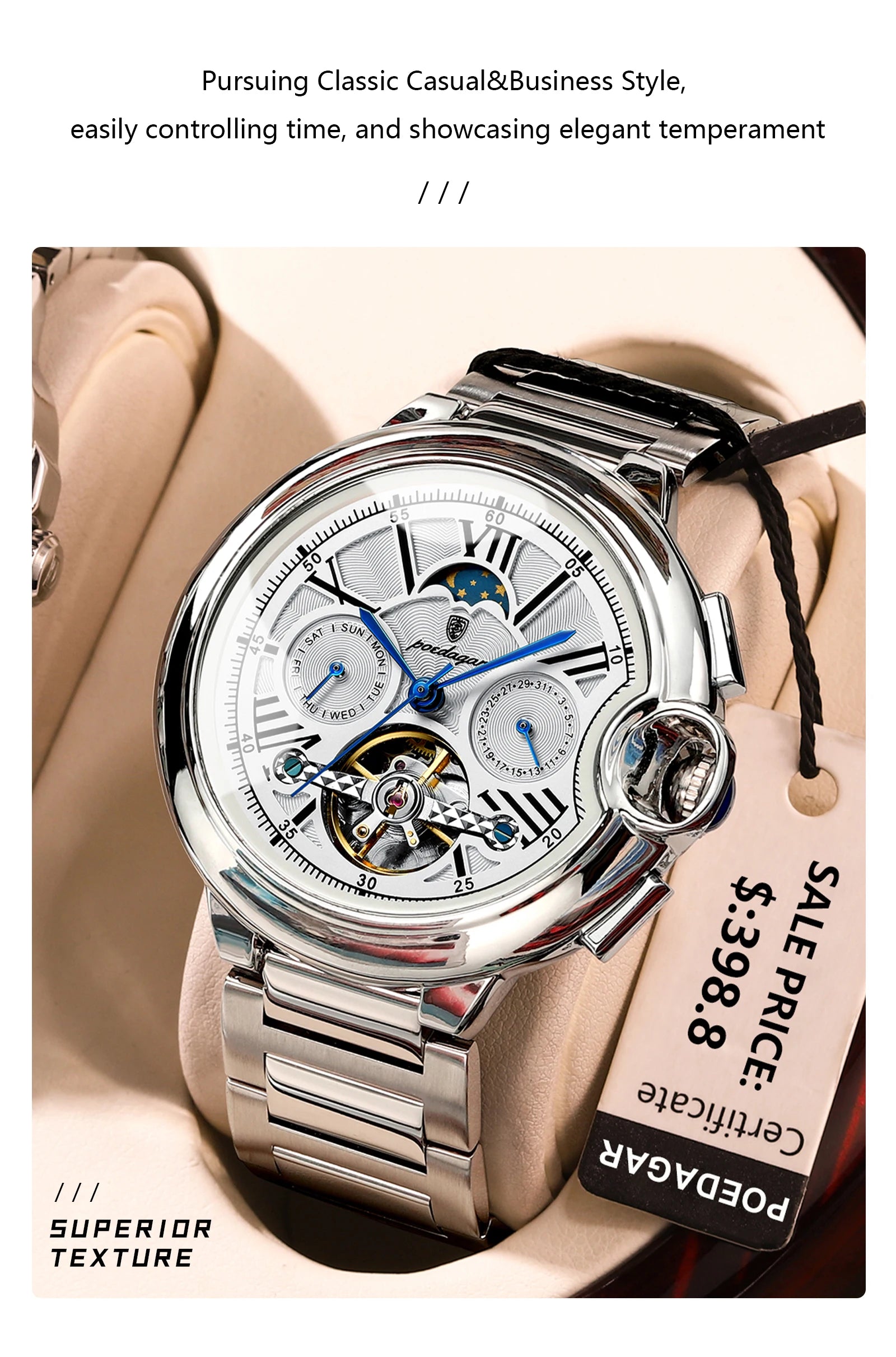 POEDAGAR Luxury Man Watch Tourbillon Date Week Stainless Steel Men Watch Waterproof Automatic Mechanical Military Men's Watches