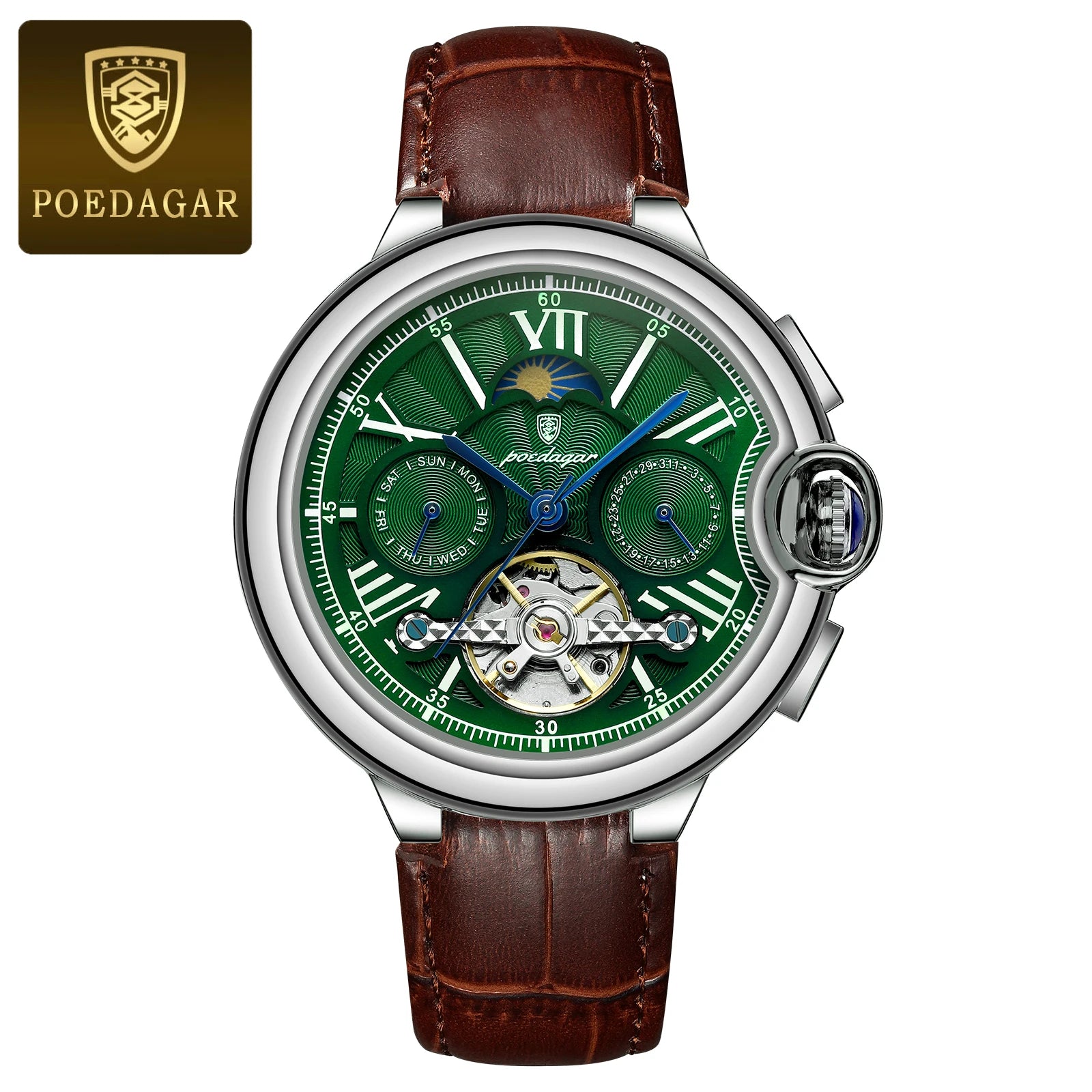 POEDAGAR Luxury Man Watch Tourbillon Date Week Stainless Steel Men Watch Waterproof Automatic Mechanical Military Men's Watches