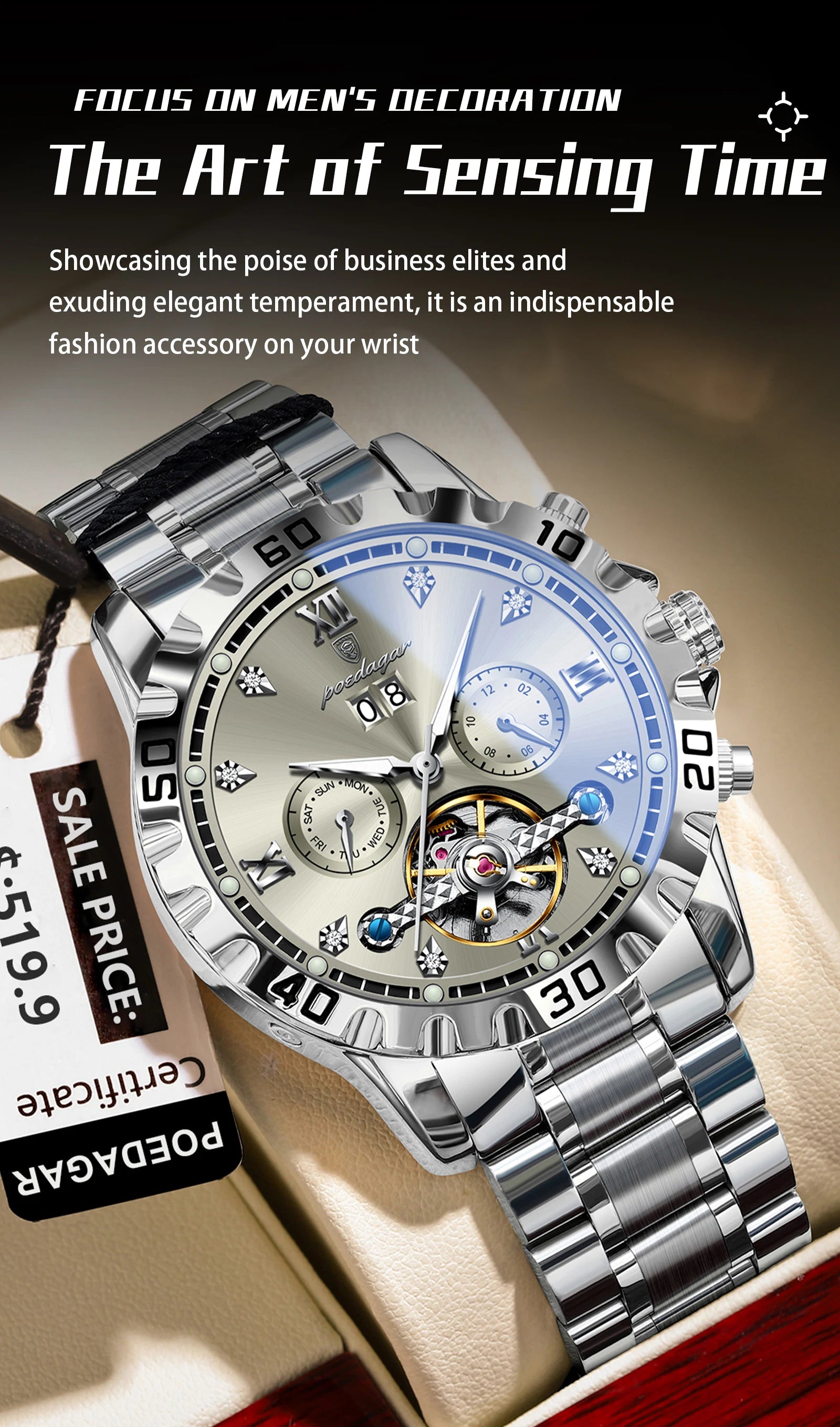 POEDAGAR Top Luxury Men Watch Automatic Date Week Man Wristwatch Hollow Tourbillon Mechanical Stainless Steel Men's Watches Male