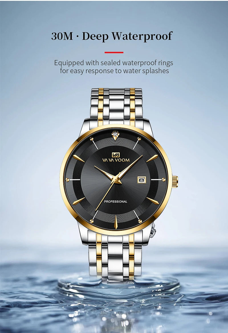 2024 New Men Watch Stainless Steel Business Style Luxury Rhinestone 43mm Blue Gold Quartz Movement Wristwatch Relogios Masculino