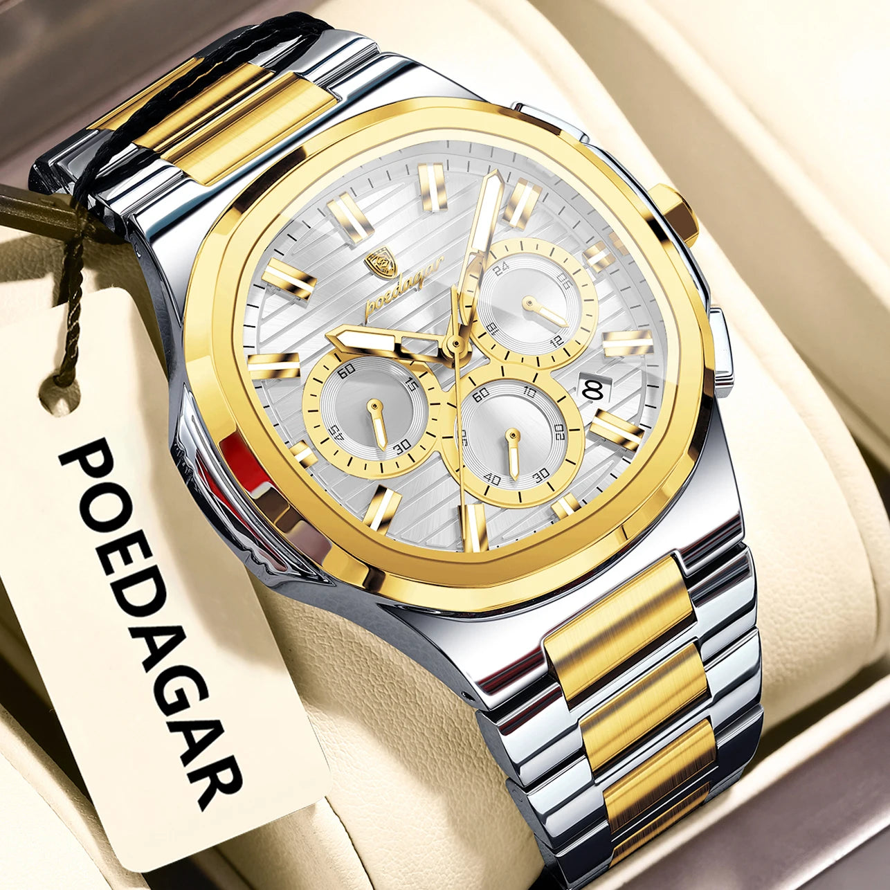 POEDAGAR Business Man Wristwatch Date Chronograph Waterproof Luminous Luxury Men Watch Stainless Steel Quartz Men's Watches Male