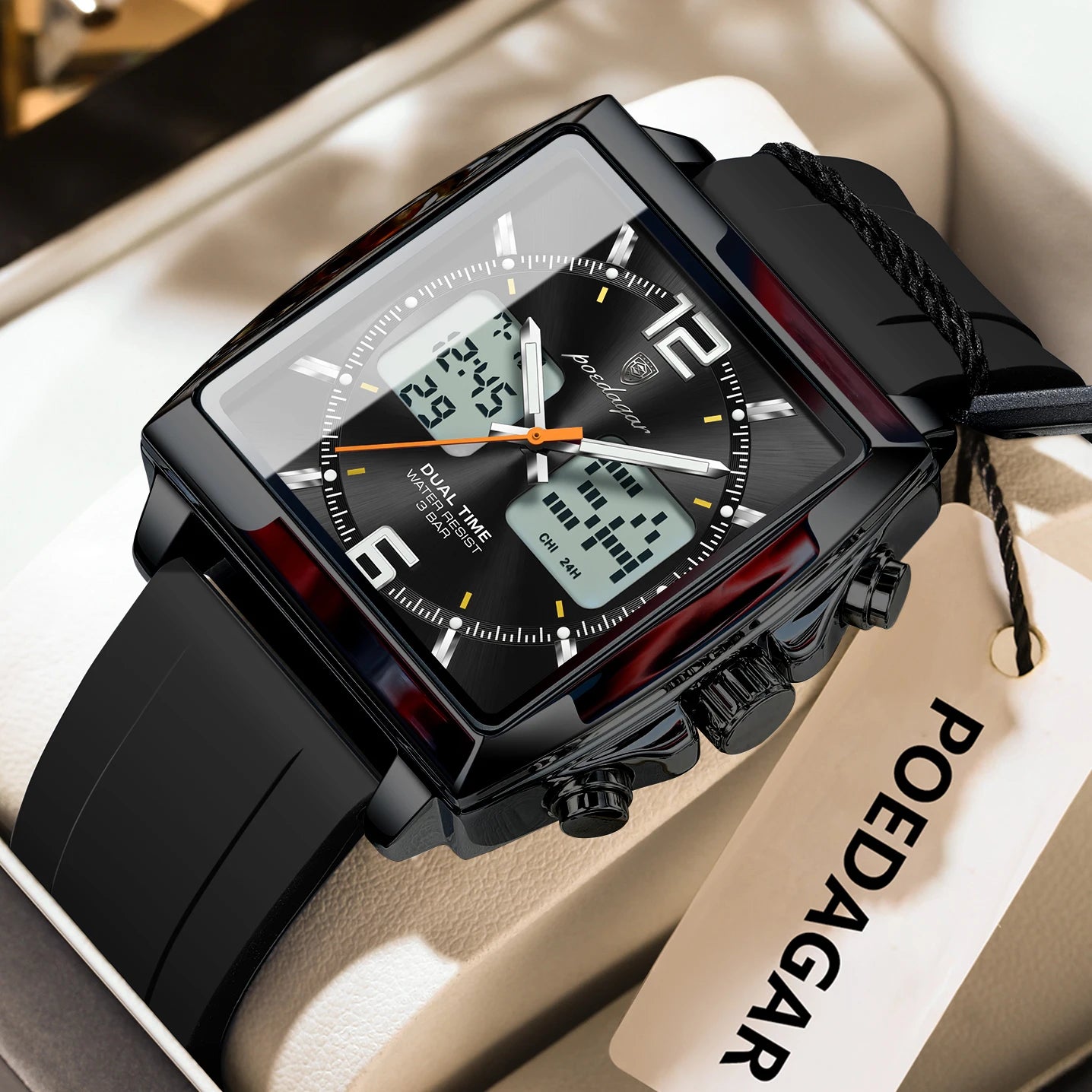 POEDAGAR Luxury Top Man Watch Electronic Square LED Alarm Chronograph Men's Watches Week Date Dual Time Display Men Quartz Clock
