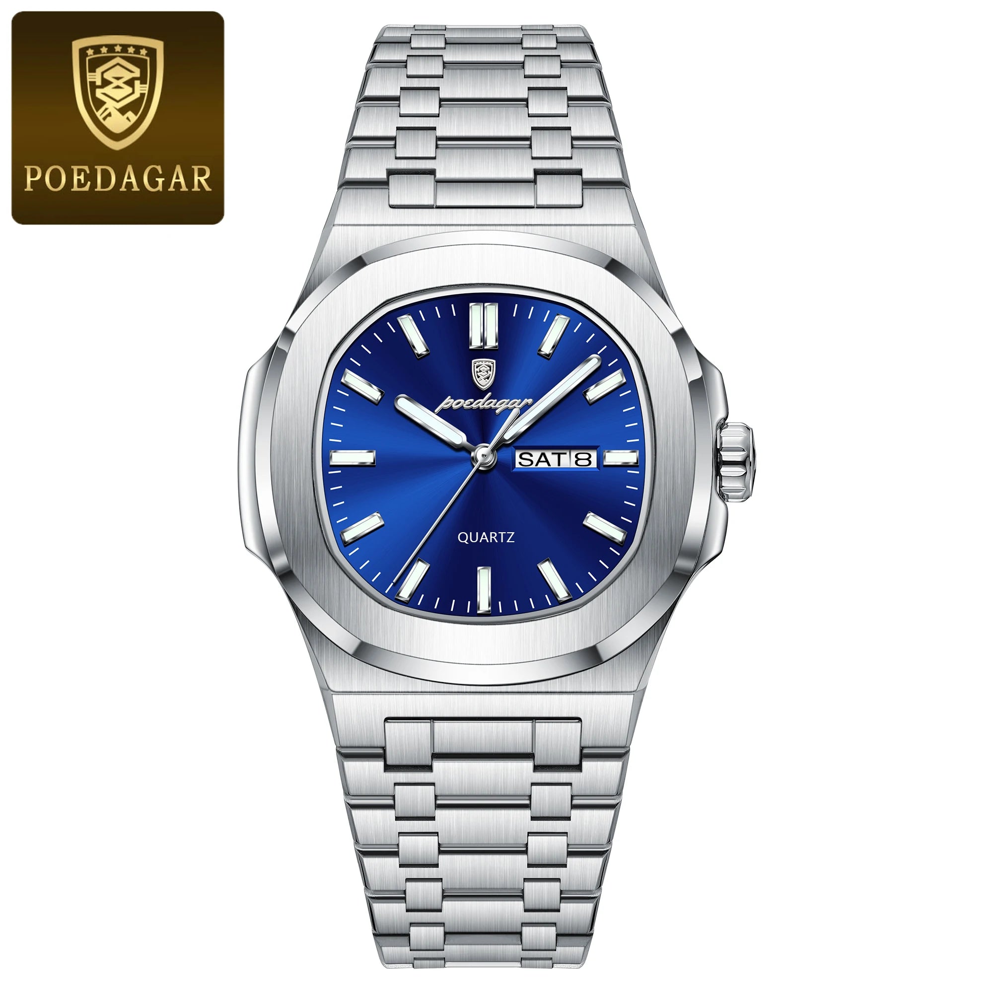 POEDAGAR Luxury Square Men's Watches Waterproof Luminous Date Week Men Watch Stainless Steel Fashion Quartz Man Wristwatch Reloj