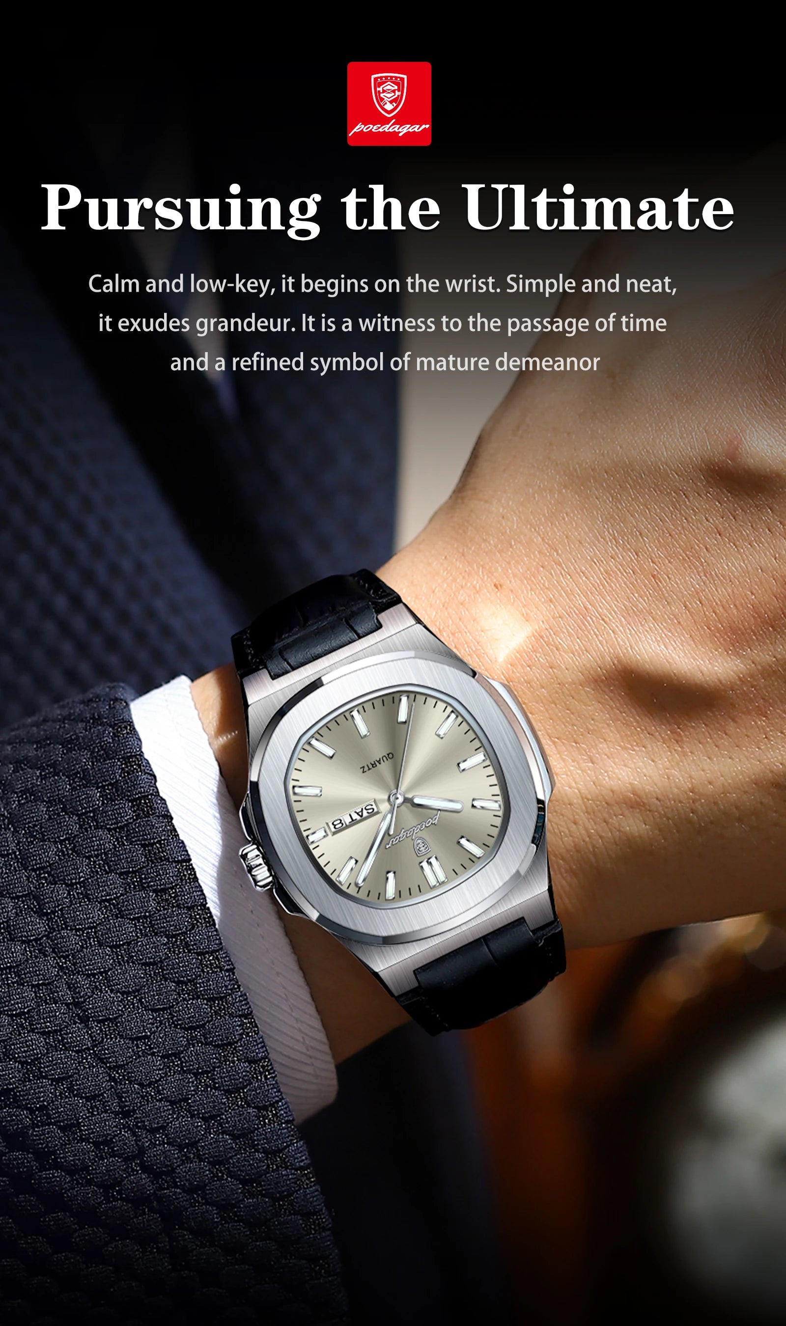 POEDAGAR High Quality Watch For Men Luxury Luminous Waterproof Week Calendar Man Clock Leather Square Men's Quartz Watches Reloj