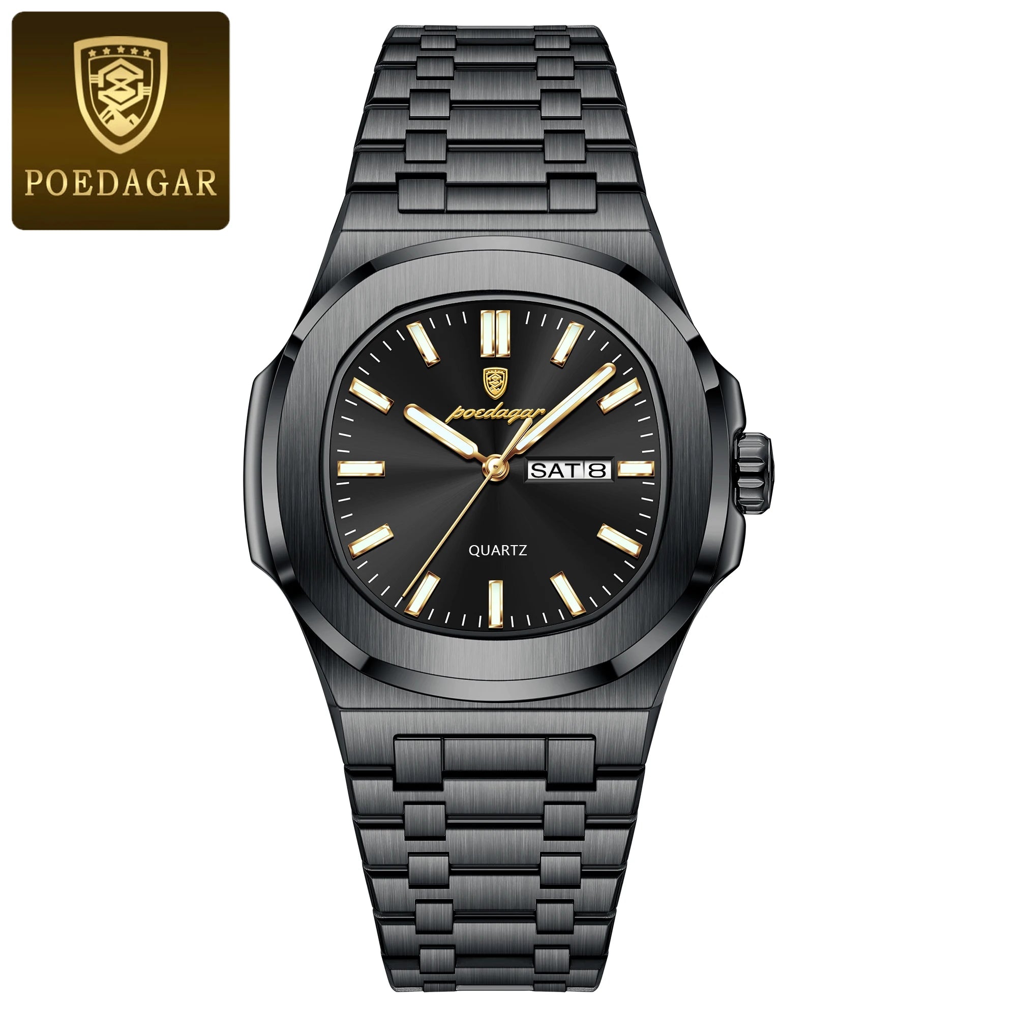 POEDAGAR Luxury Square Men's Watches Waterproof Luminous Date Week Men Watch Stainless Steel Fashion Quartz Man Wristwatch Reloj