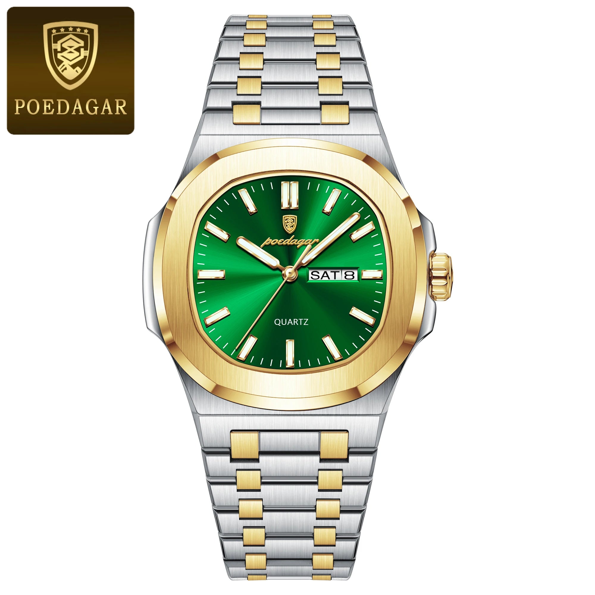 POEDAGAR Luxury Square Men's Watches Waterproof Luminous Date Week Men Watch Stainless Steel Fashion Quartz Man Wristwatch Reloj