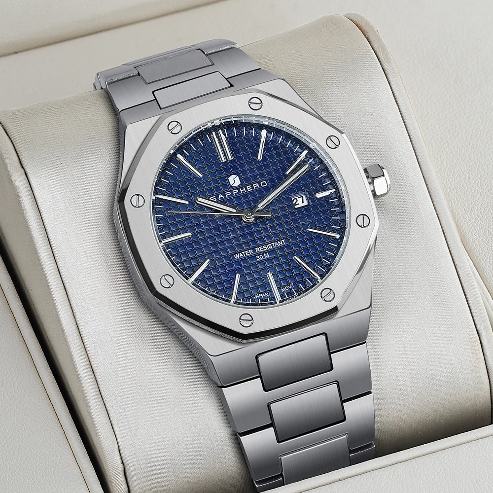 SAPPHERO Men's Watch, Stainless Steel Strap, Water-Resistant Design, Automatic Calendar, Festive Gifts, Exquisite Gift Box Clock