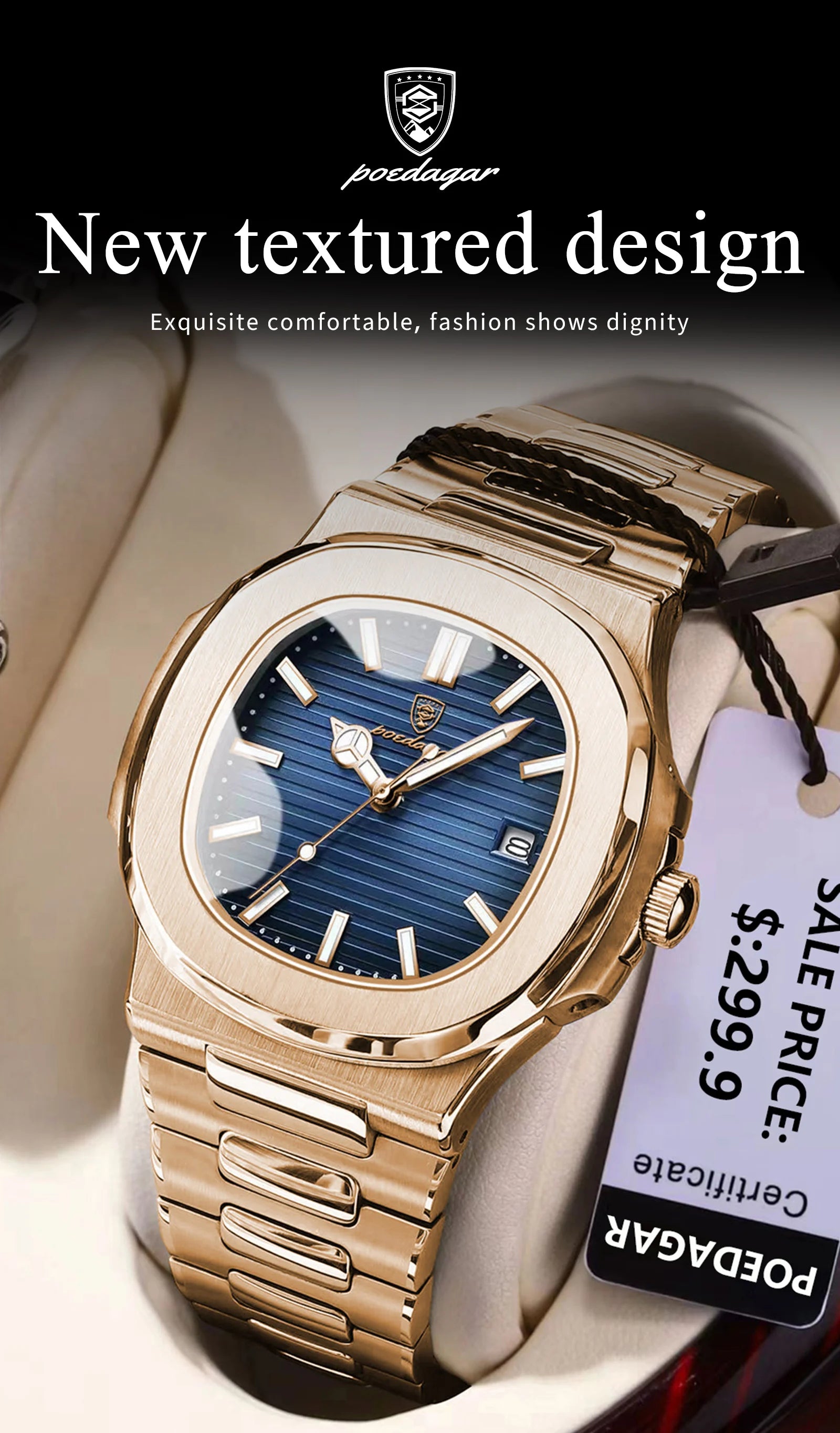 POEDAGAR Fashion Square Male Quartz Watch Waterproof Luminous Date Stainless Steel Man Watch Business Luxury Men's Watches Reloj