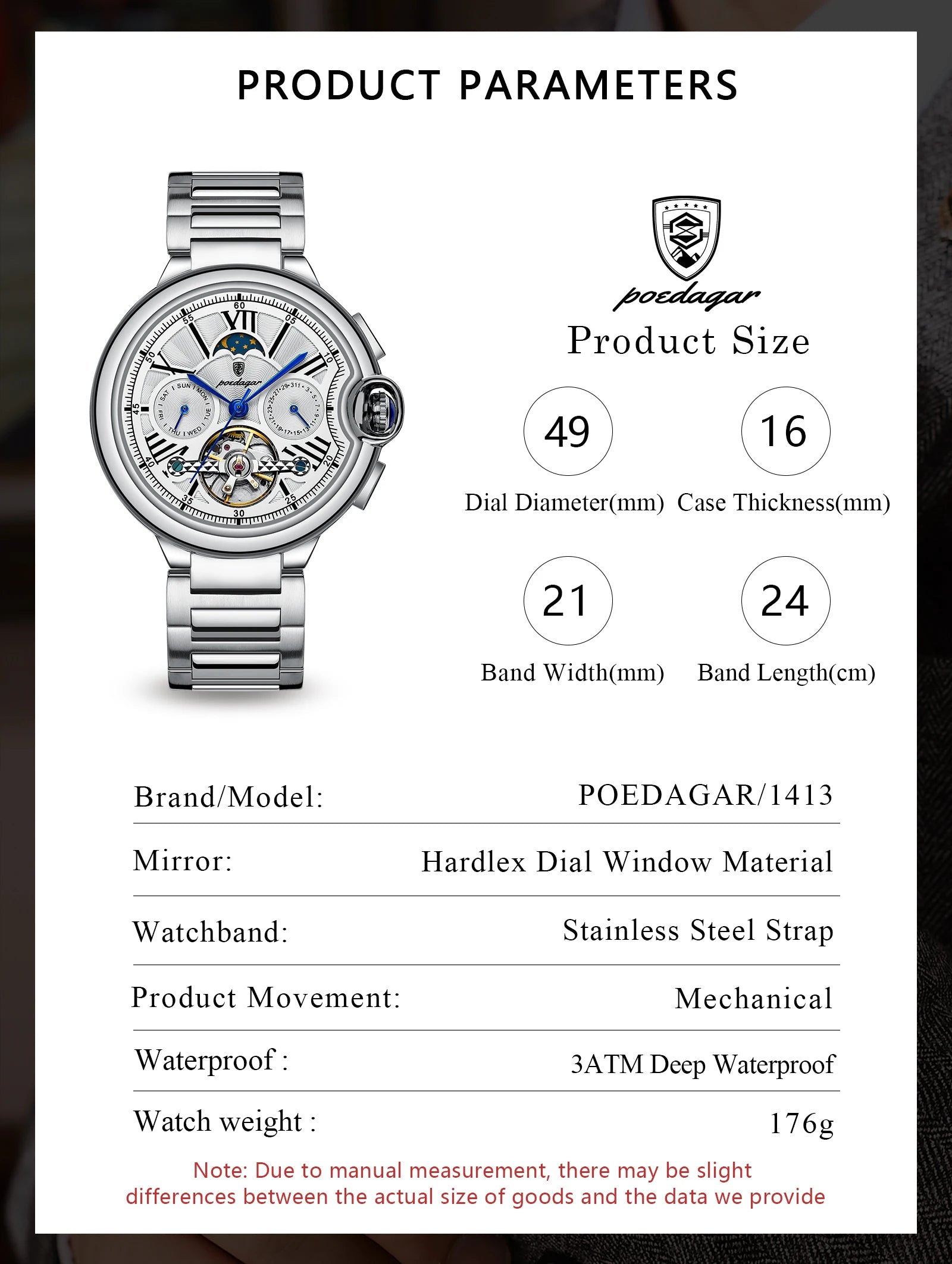 POEDAGAR Luxury Man Watch Tourbillon Date Week Stainless Steel Men Watch Waterproof Automatic Mechanical Military Men's Watches