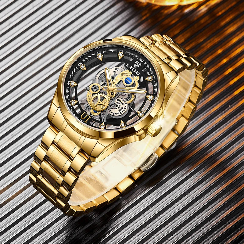 2026 LIGE Men Watch Skeleton Automatic Quartz Watch Gold Skeleton Vintage Man Watch Mens Watches Top Brand Luxury часы мужские
