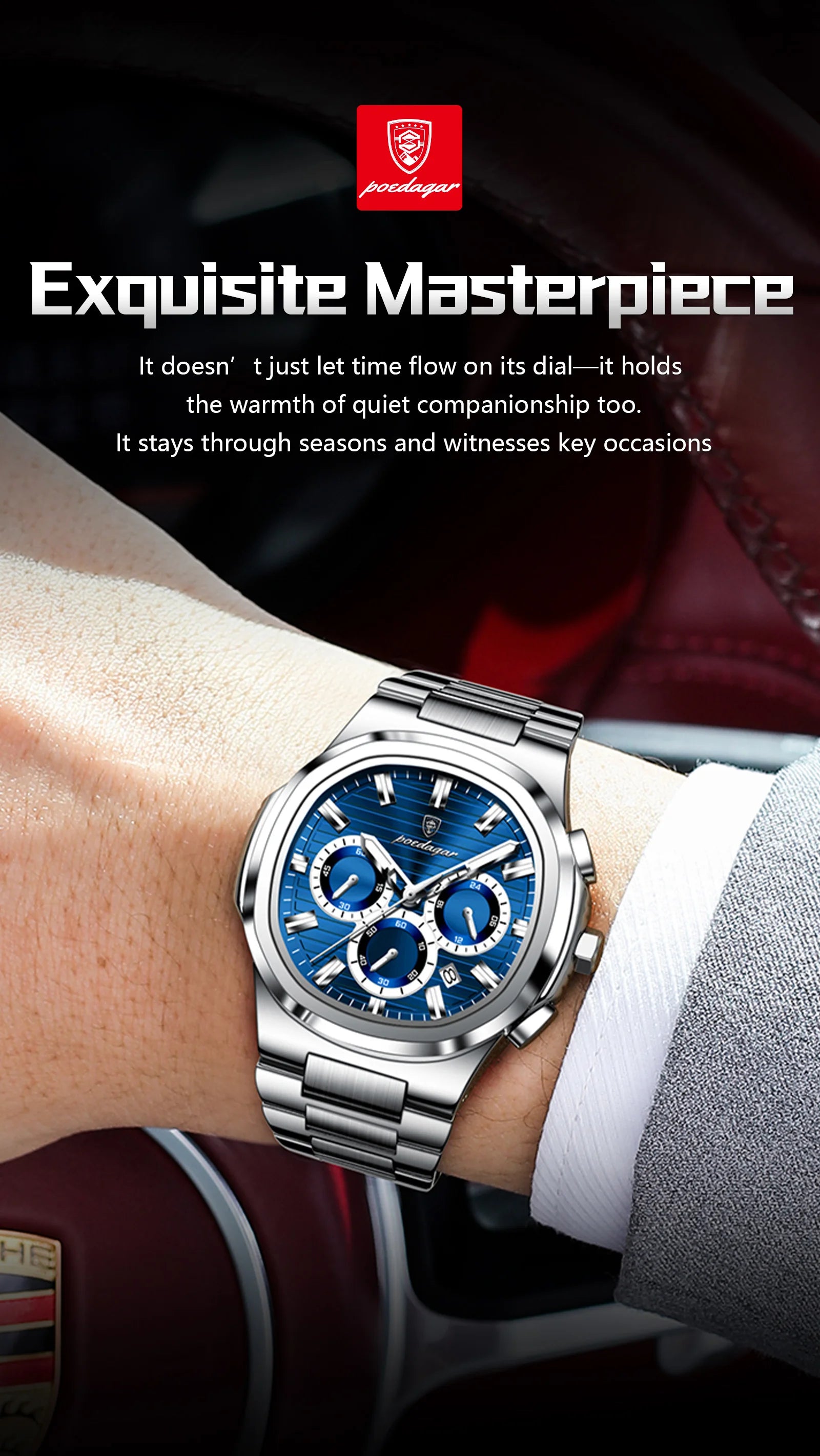 POEDAGAR Business Man Wristwatch Date Chronograph Waterproof Luminous Luxury Men Watch Stainless Steel Quartz Men's Watches Male