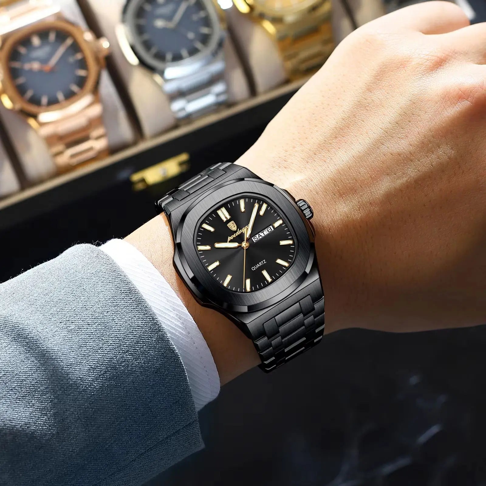 POEDAGAR Luxury Square Men's Watches Waterproof Luminous Date Week Men Watch Stainless Steel Fashion Quartz Man Wristwatch Reloj