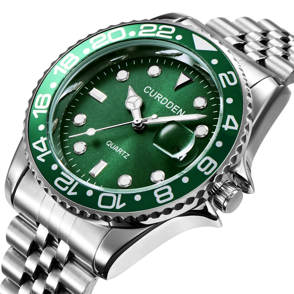 Men Famous Brand Watches Students Boys Fashion Stainless Steel Band Casual Calendar Quartz Watch Green Relogios Masculinos 2024