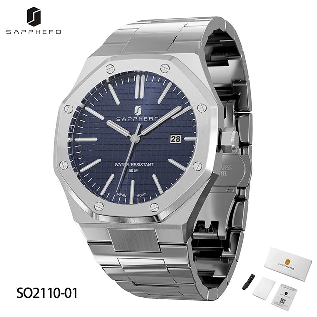 SAPPHERO Men's Watch, Stainless Steel Strap, Water-Resistant Design, Automatic Calendar, Festive Gifts, Exquisite Gift Box Clock
