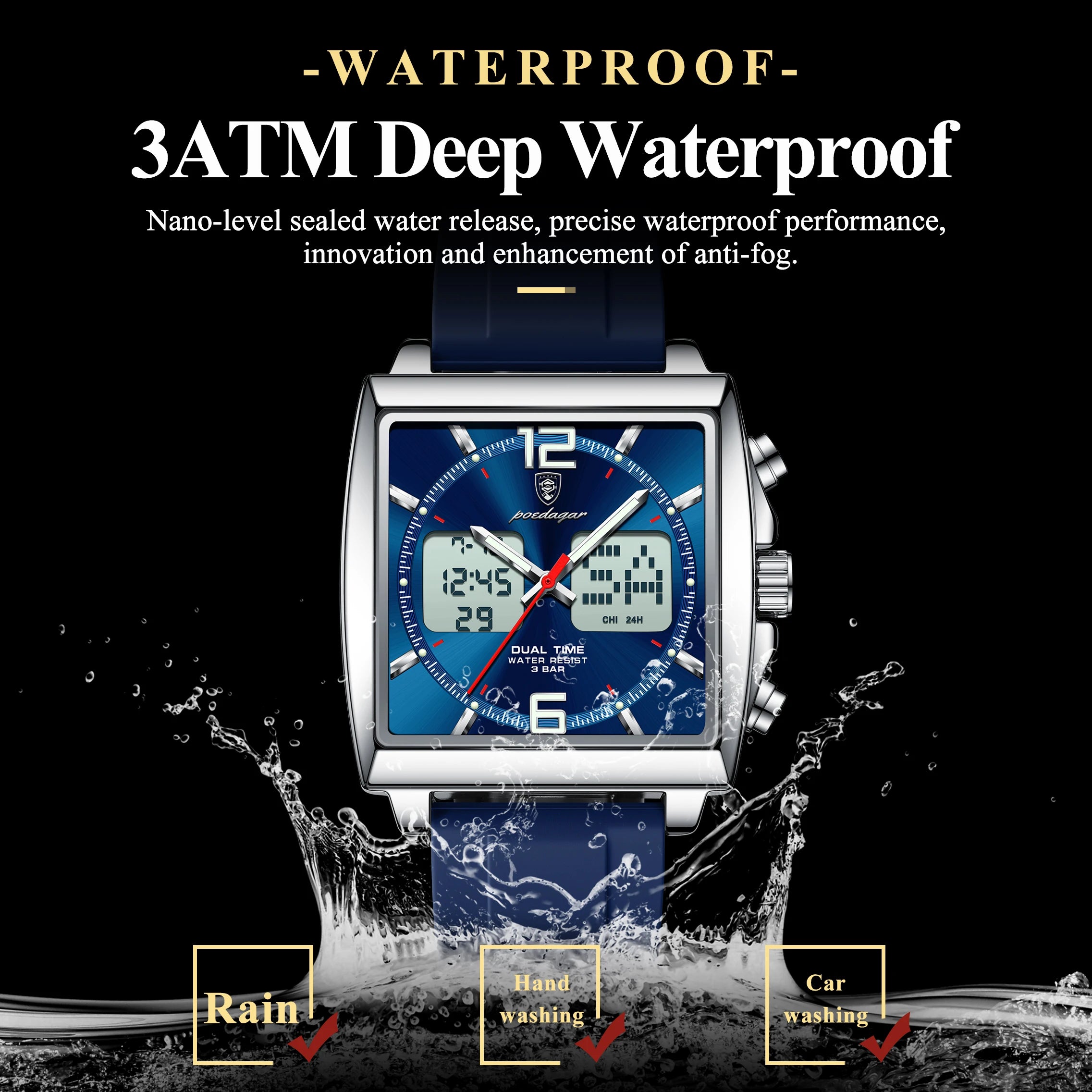 POEDAGAR Luxury Top Man Watch Electronic Square LED Alarm Chronograph Men's Watches Week Date Dual Time Display Men Quartz Clock