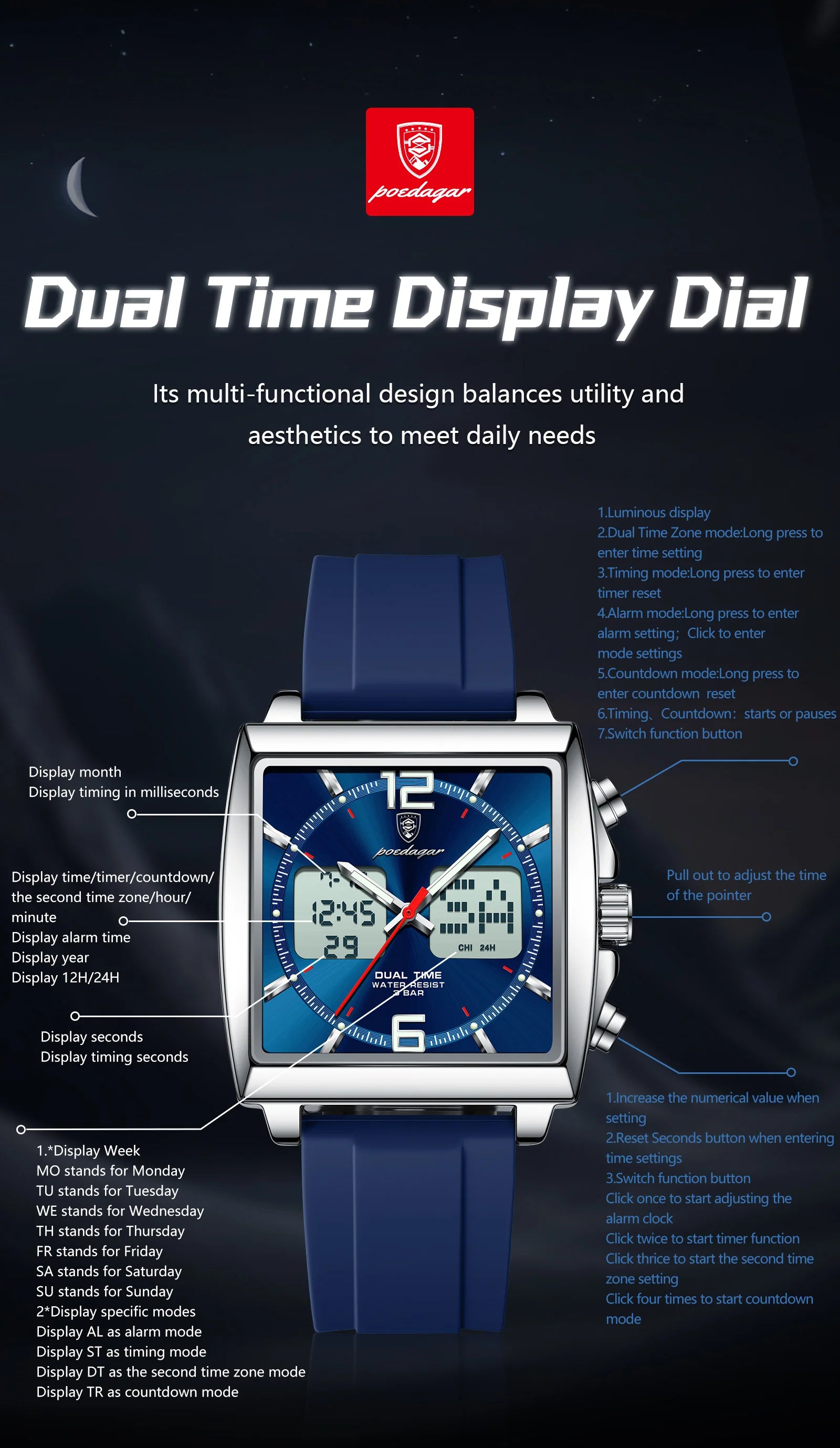 POEDAGAR Luxury Top Man Watch Electronic Square LED Alarm Chronograph Men's Watches Week Date Dual Time Display Men Quartz Clock