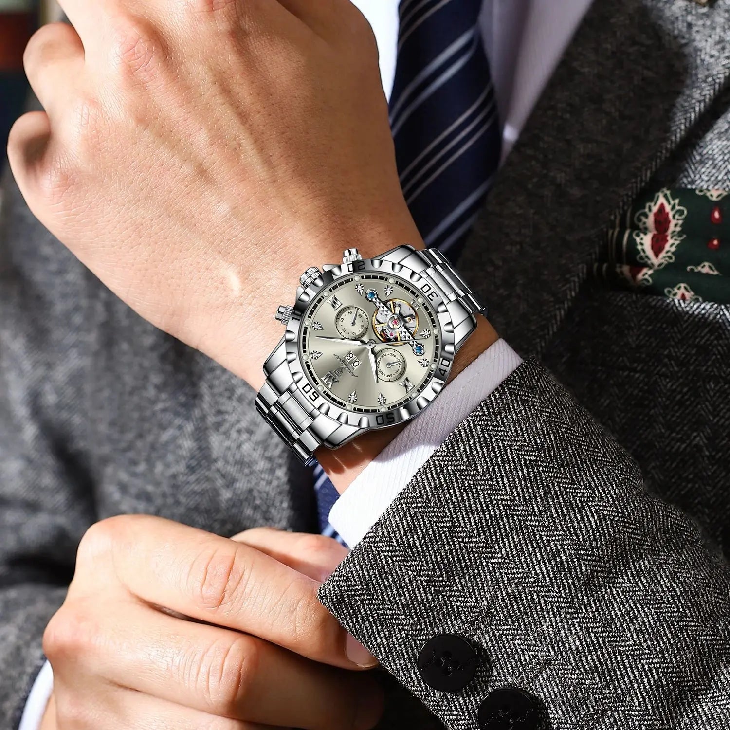 POEDAGAR Top Luxury Men Watch Automatic Date Week Man Wristwatch Hollow Tourbillon Mechanical Stainless Steel Men's Watches Male