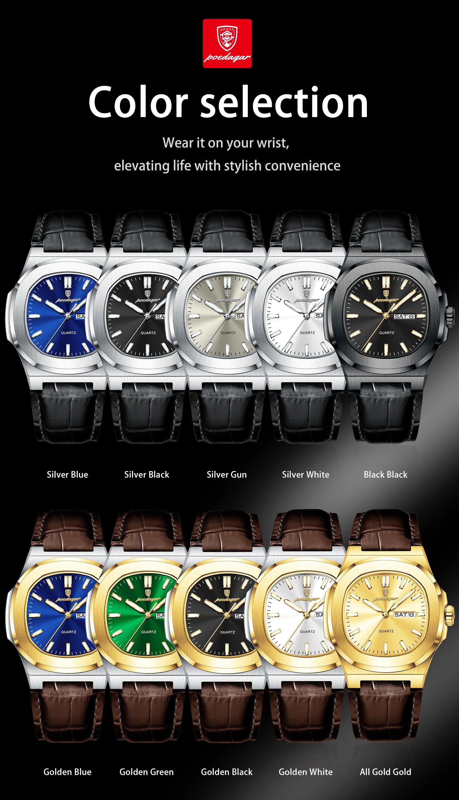 POEDAGAR High Quality Watch For Men Luxury Luminous Waterproof Week Calendar Man Clock Leather Square Men's Quartz Watches Reloj