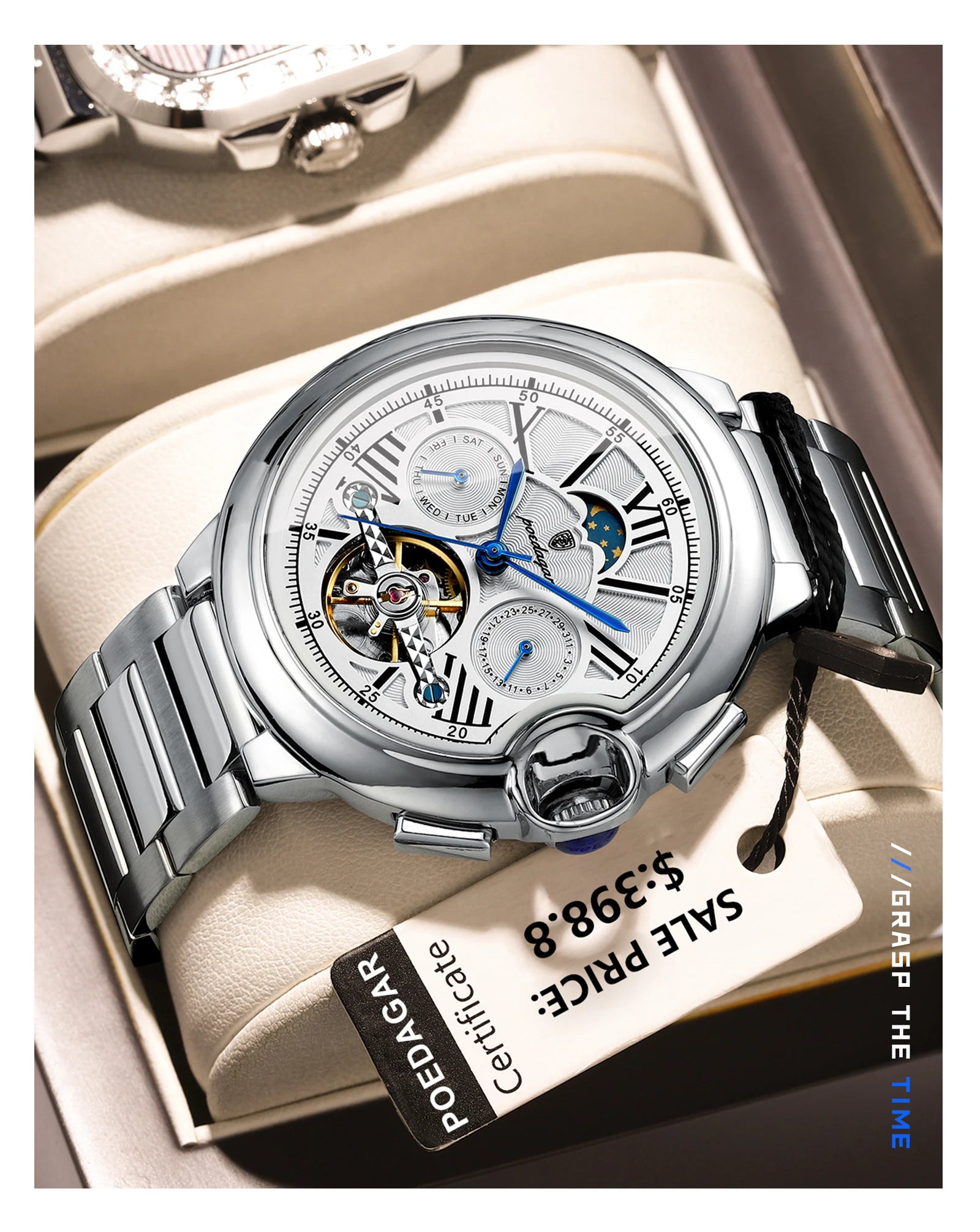 POEDAGAR Luxury Man Watch Tourbillon Date Week Stainless Steel Men Watch Waterproof Automatic Mechanical Military Men's Watches