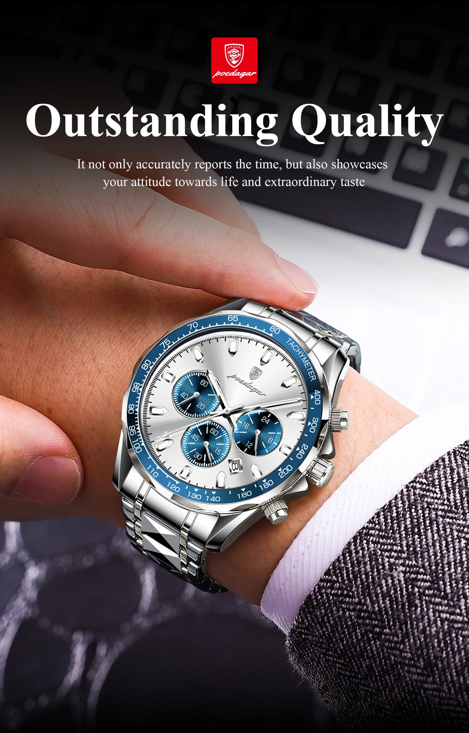 POEDAGAR Luxury Brand Men Watch Waterproof Luminous Stainless Steel Men's Watches Chronograph Date Quartz Business Watch For Man