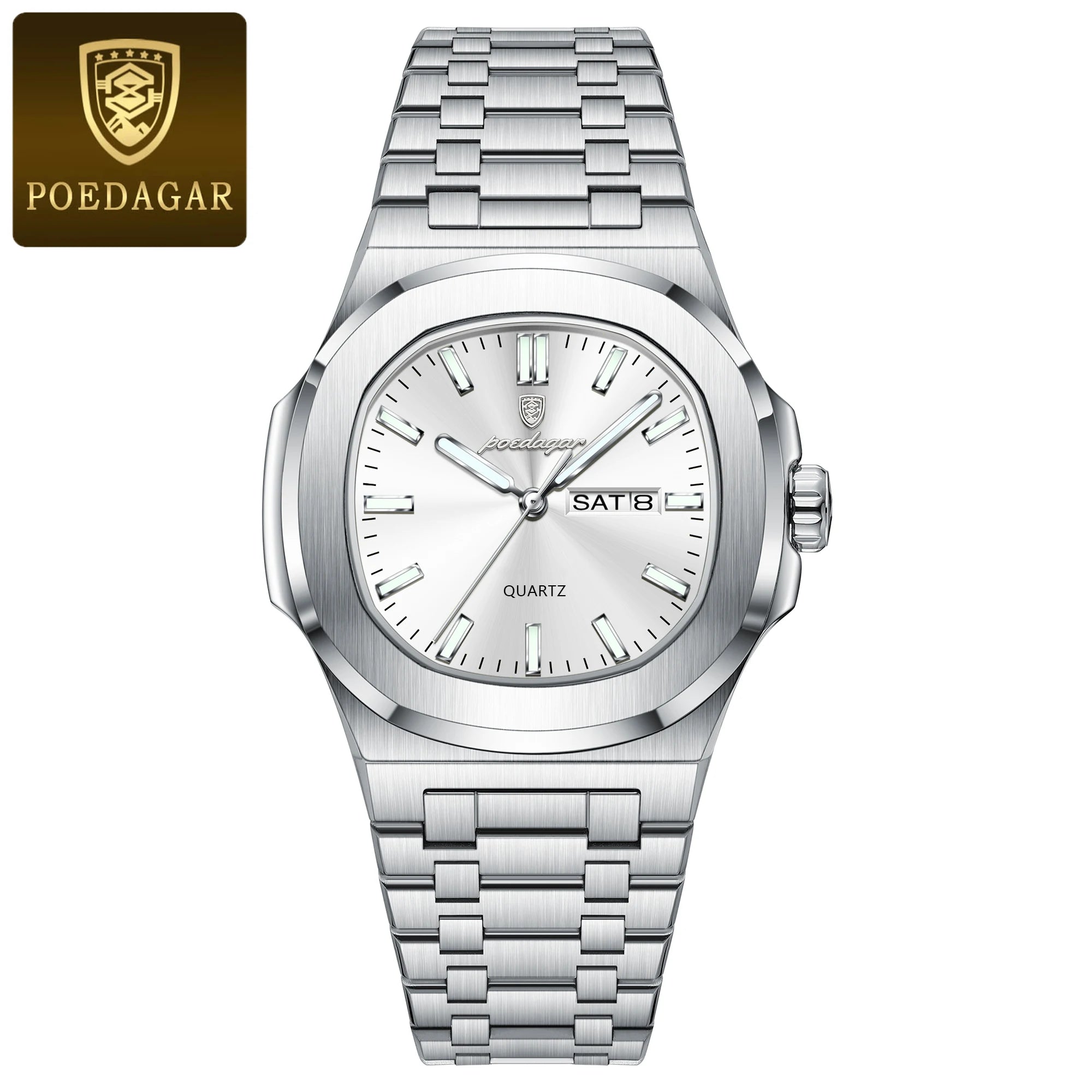 POEDAGAR Luxury Square Men's Watches Waterproof Luminous Date Week Men Watch Stainless Steel Fashion Quartz Man Wristwatch Reloj