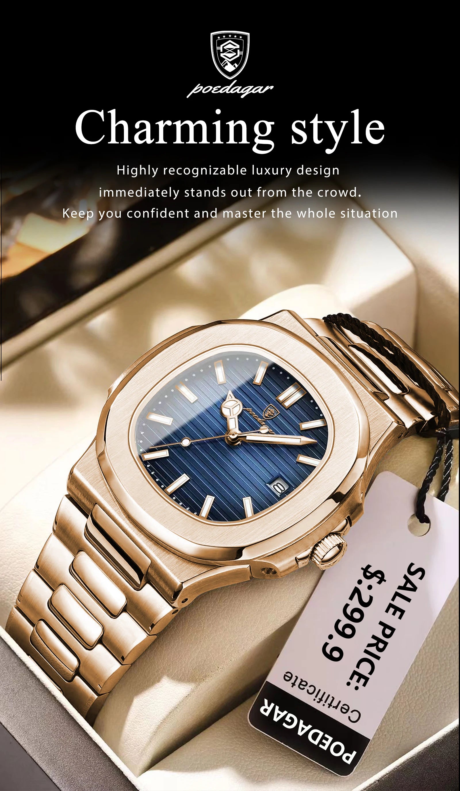 POEDAGAR Fashion Square Male Quartz Watch Waterproof Luminous Date Stainless Steel Man Watch Business Luxury Men's Watches Reloj