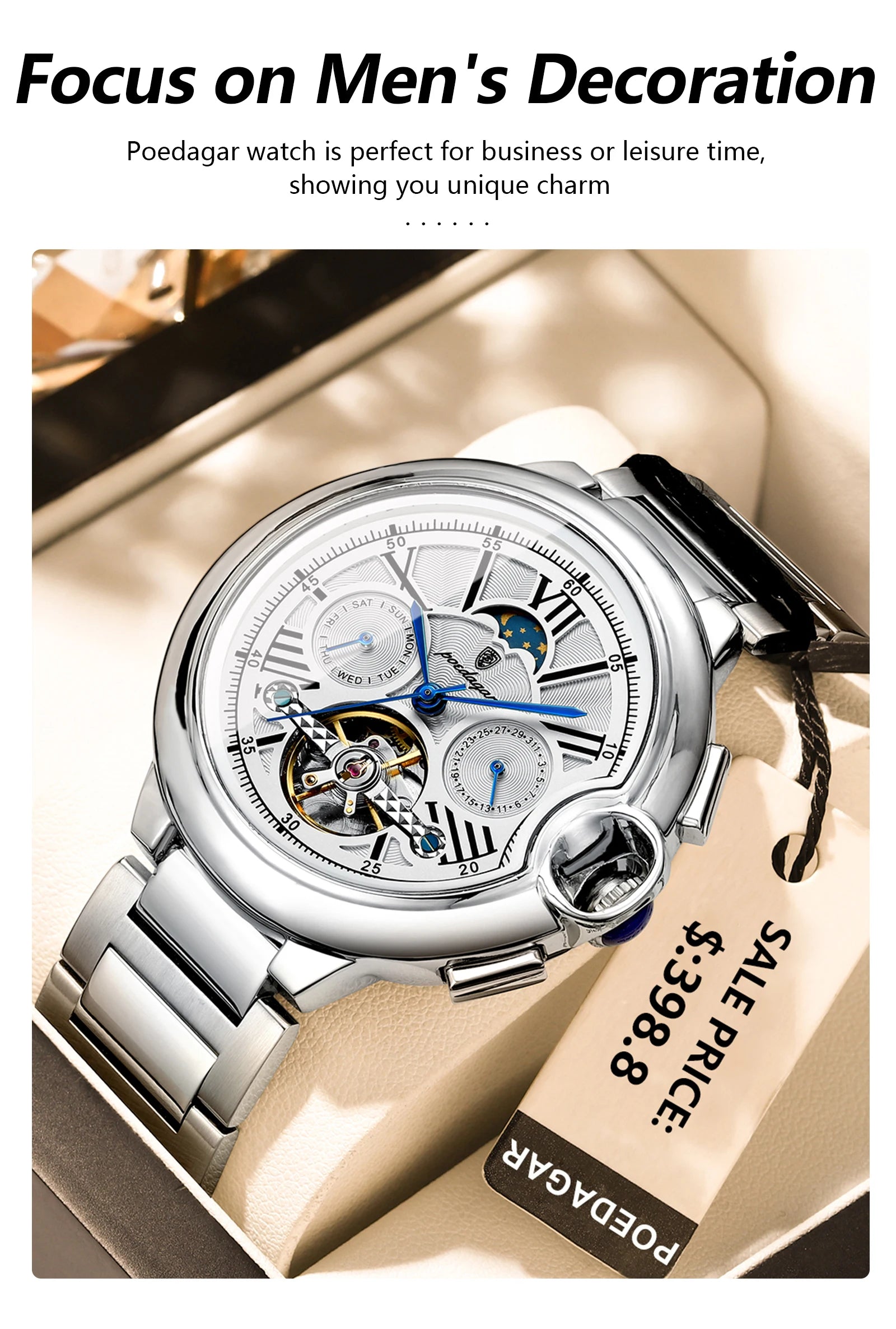 POEDAGAR Luxury Man Watch Tourbillon Date Week Stainless Steel Men Watch Waterproof Automatic Mechanical Military Men's Watches