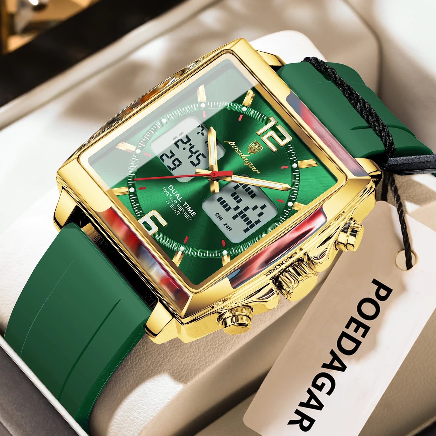 POEDAGAR Luxury Top Man Watch Electronic Square LED Alarm Chronograph Men's Watches Week Date Dual Time Display Men Quartz Clock