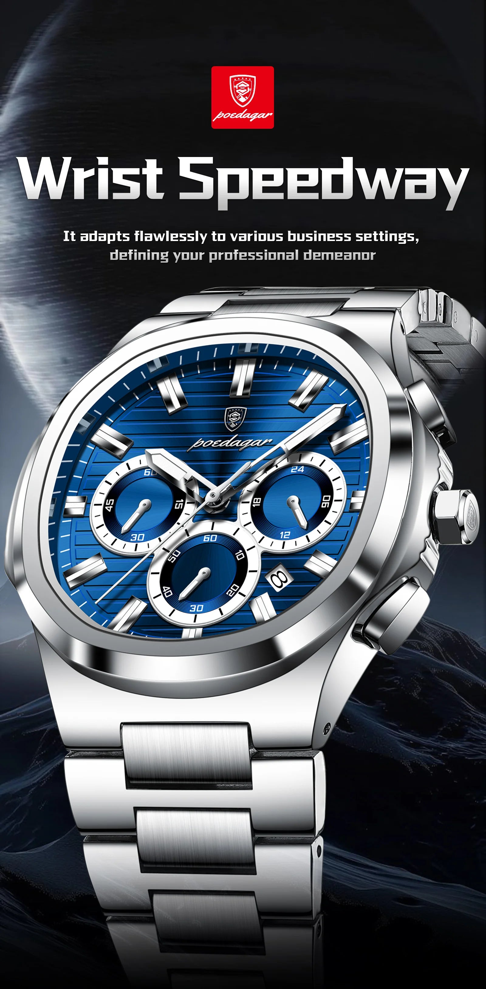 POEDAGAR Business Man Wristwatch Date Chronograph Waterproof Luminous Luxury Men Watch Stainless Steel Quartz Men's Watches Male