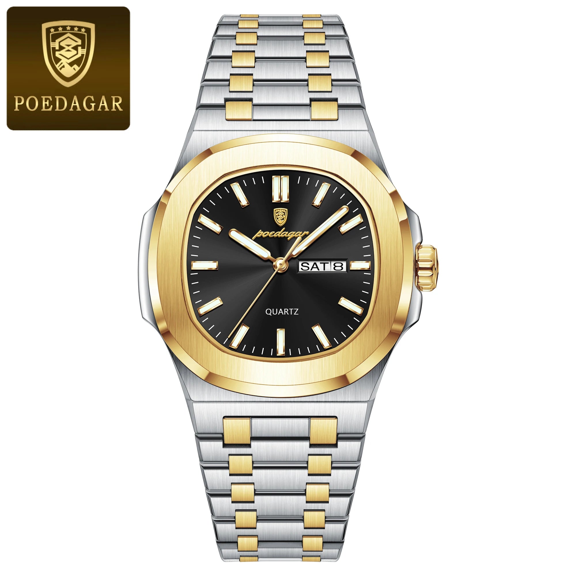 POEDAGAR Luxury Square Men's Watches Waterproof Luminous Date Week Men Watch Stainless Steel Fashion Quartz Man Wristwatch Reloj