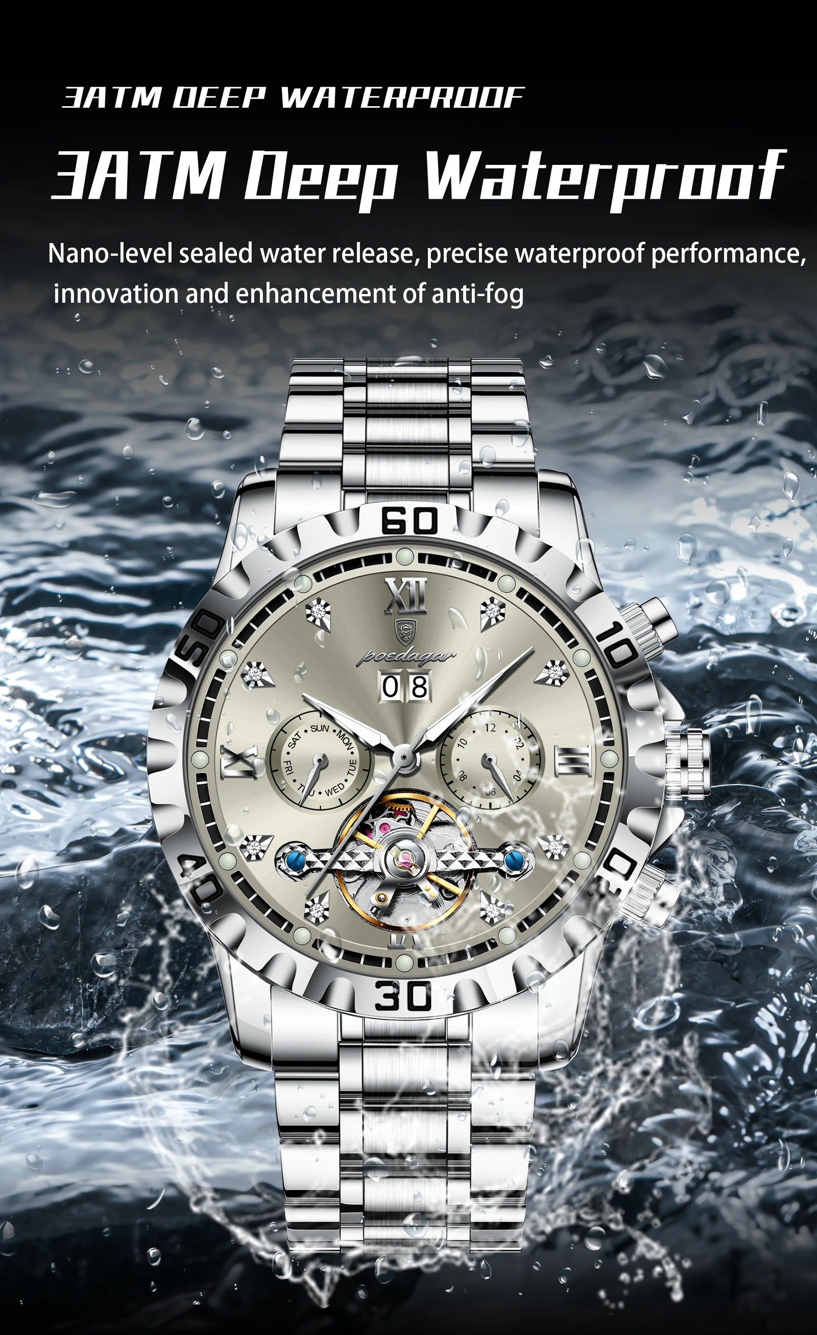 POEDAGAR Top Luxury Men Watch Automatic Date Week Man Wristwatch Hollow Tourbillon Mechanical Stainless Steel Men's Watches Male