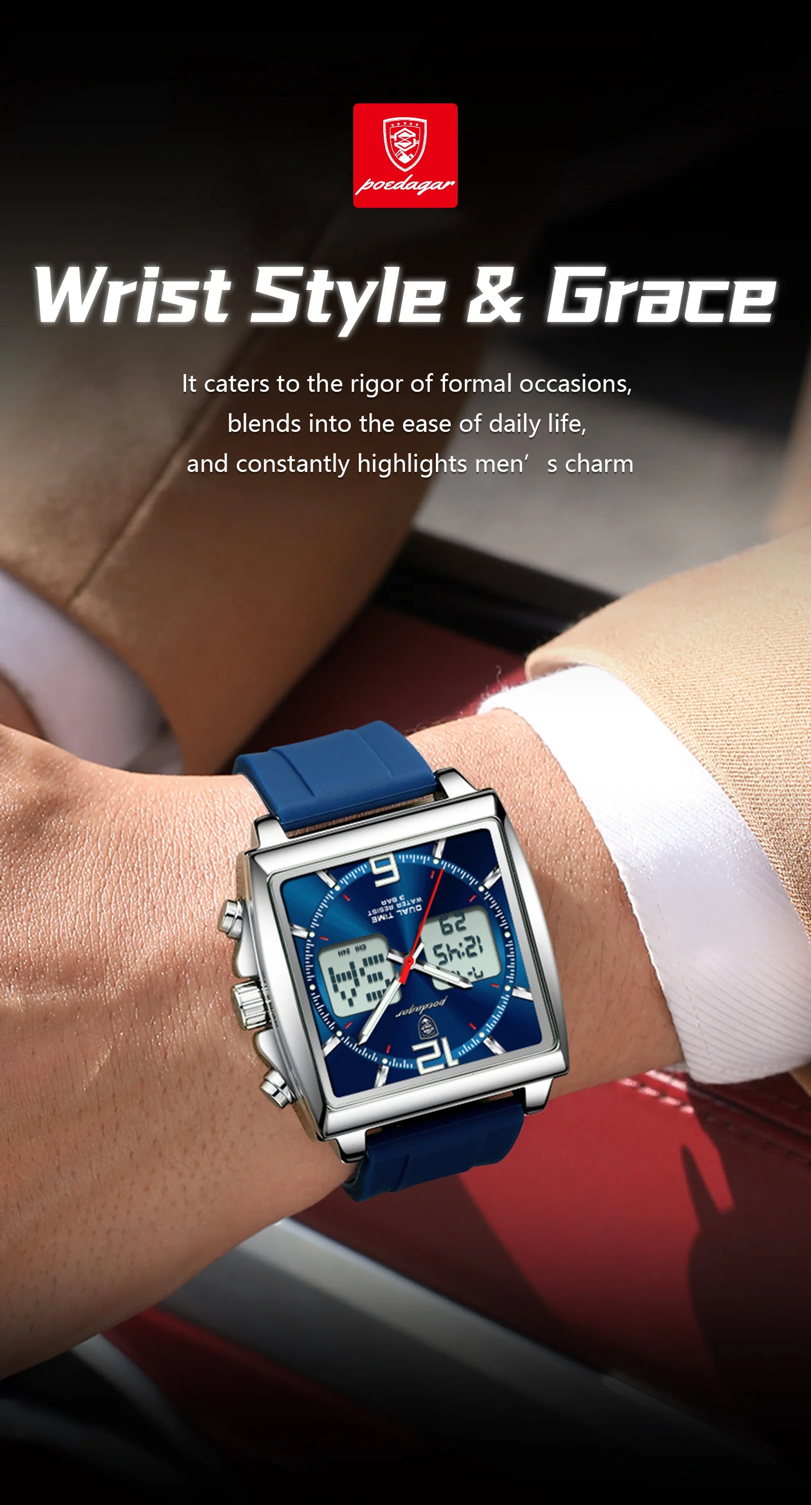 POEDAGAR Luxury Top Man Watch Electronic Square LED Alarm Chronograph Men's Watches Week Date Dual Time Display Men Quartz Clock