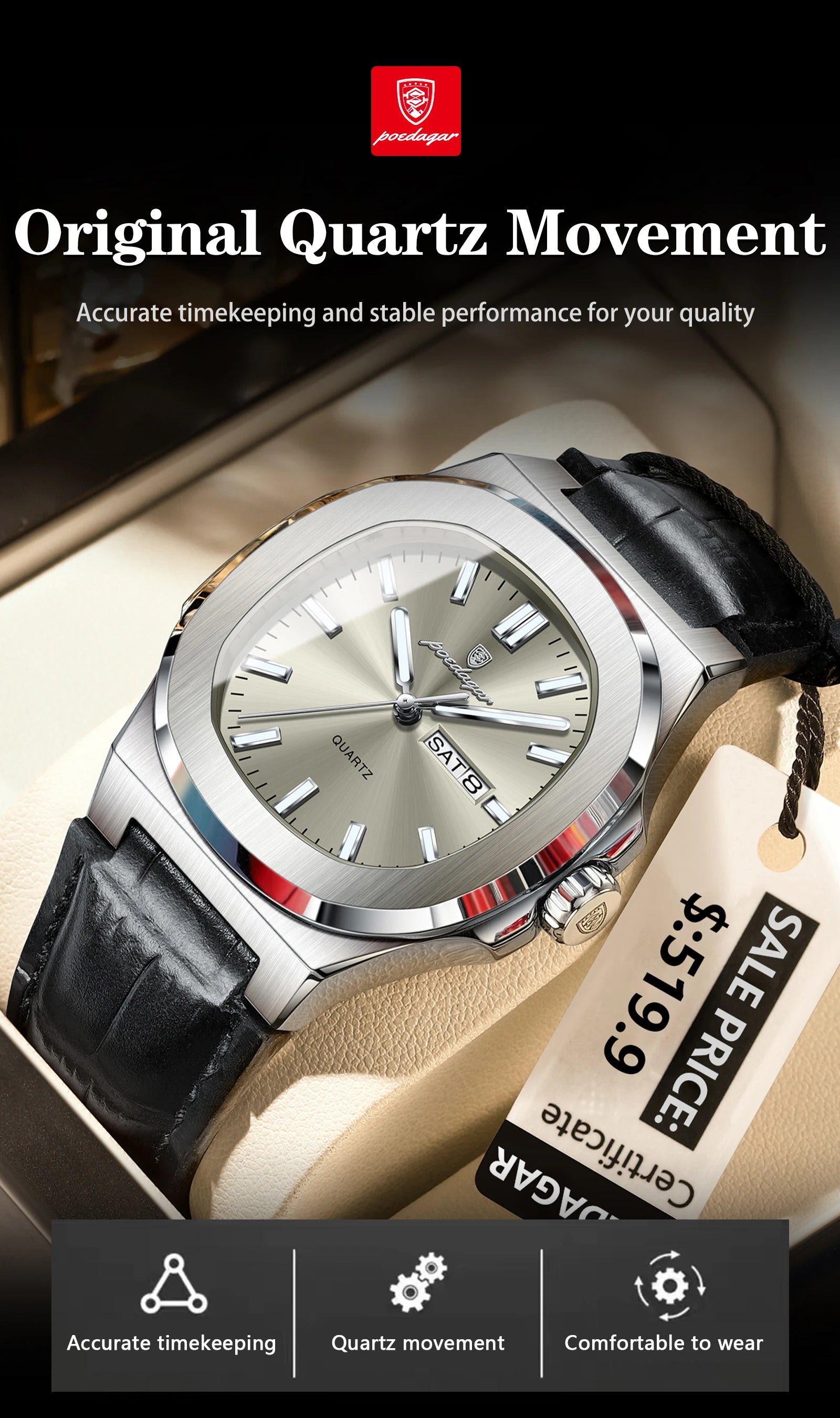 POEDAGAR High Quality Watch For Men Luxury Luminous Waterproof Week Calendar Man Clock Leather Square Men's Quartz Watches Reloj
