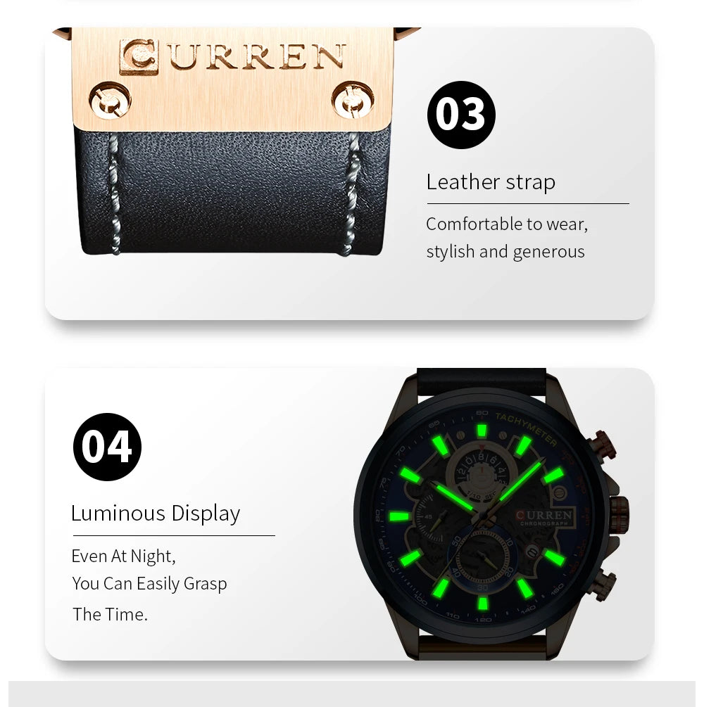 CURREN Watch for Men Top Brand Luxury Leather Strap Quartz Waterproof Wristwatch Fashion Casual Sports Watch Business Date Clock