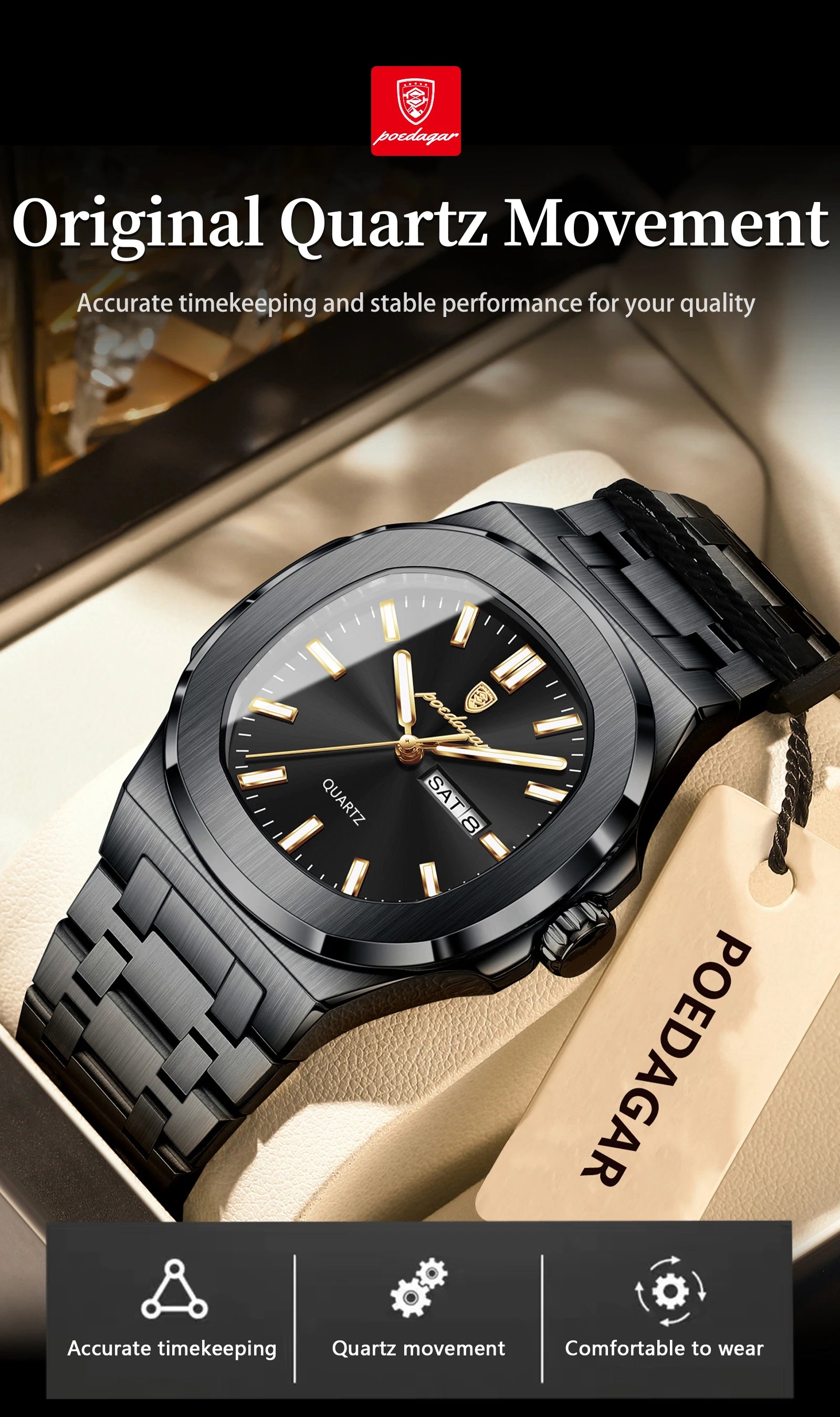 POEDAGAR Luxury Square Men's Watches Waterproof Luminous Date Week Men Watch Stainless Steel Fashion Quartz Man Wristwatch Reloj