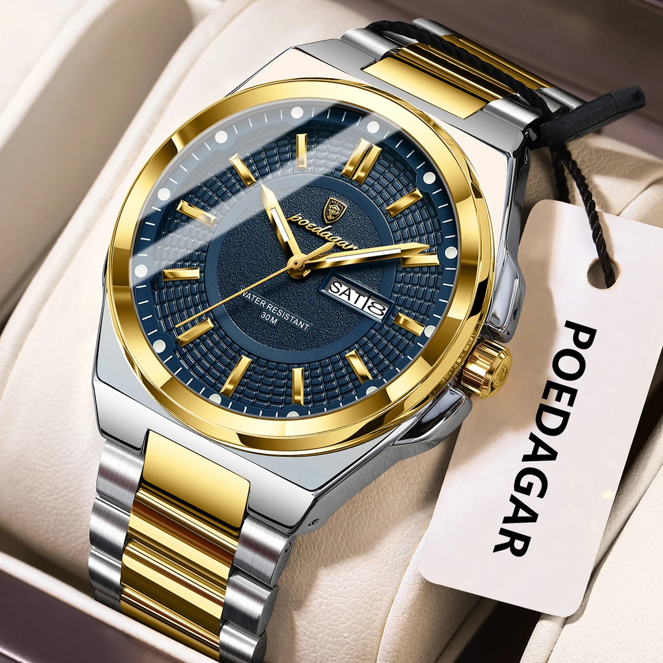 POEDAGAR Sport Original Men Clock Quartz Date Week Luxury Man Wristwatch Waterproof Luminous Stainless Steel Men's Watches Reloj