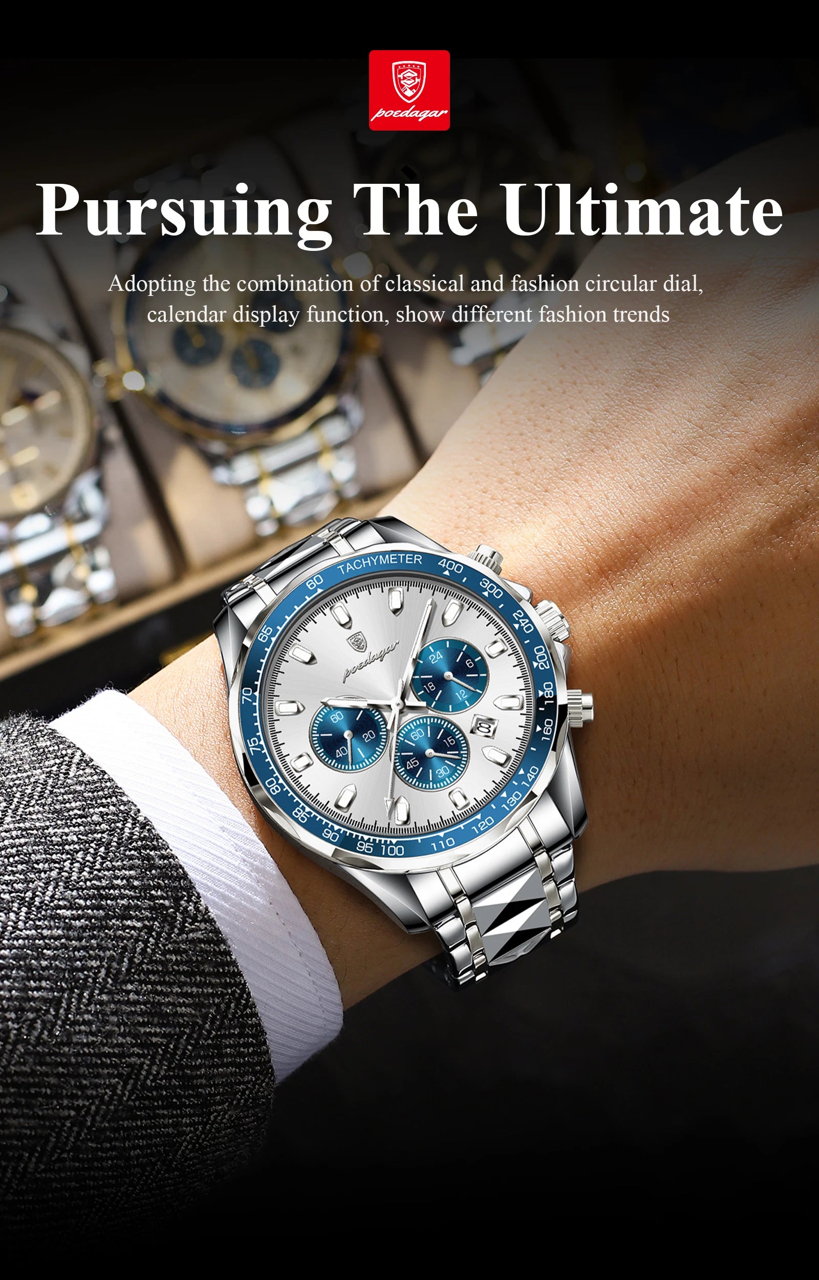 POEDAGAR Luxury Brand Men Watch Waterproof Luminous Stainless Steel Men's Watches Chronograph Date Quartz Business Watch For Man