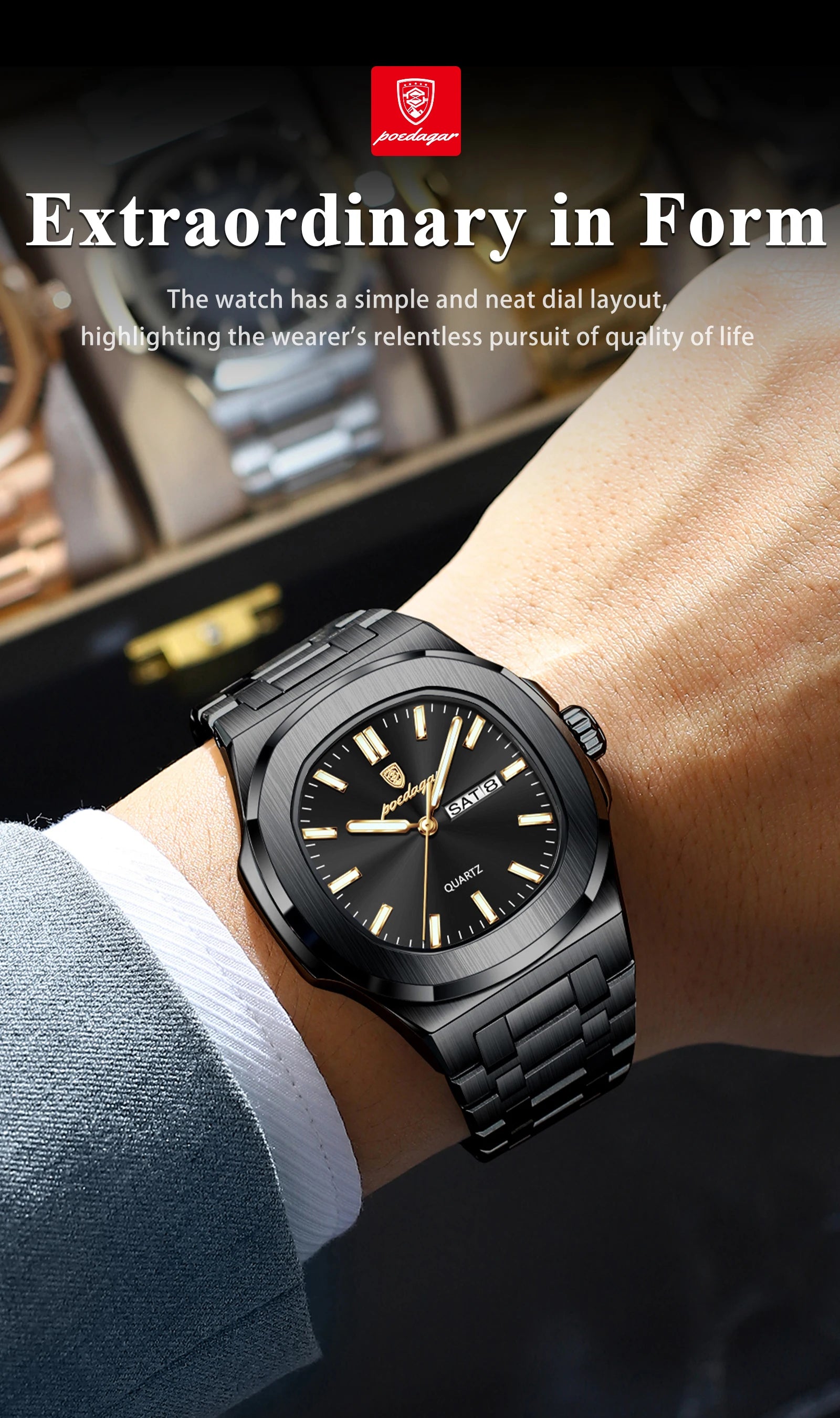 POEDAGAR Luxury Square Men's Watches Waterproof Luminous Date Week Men Watch Stainless Steel Fashion Quartz Man Wristwatch Reloj