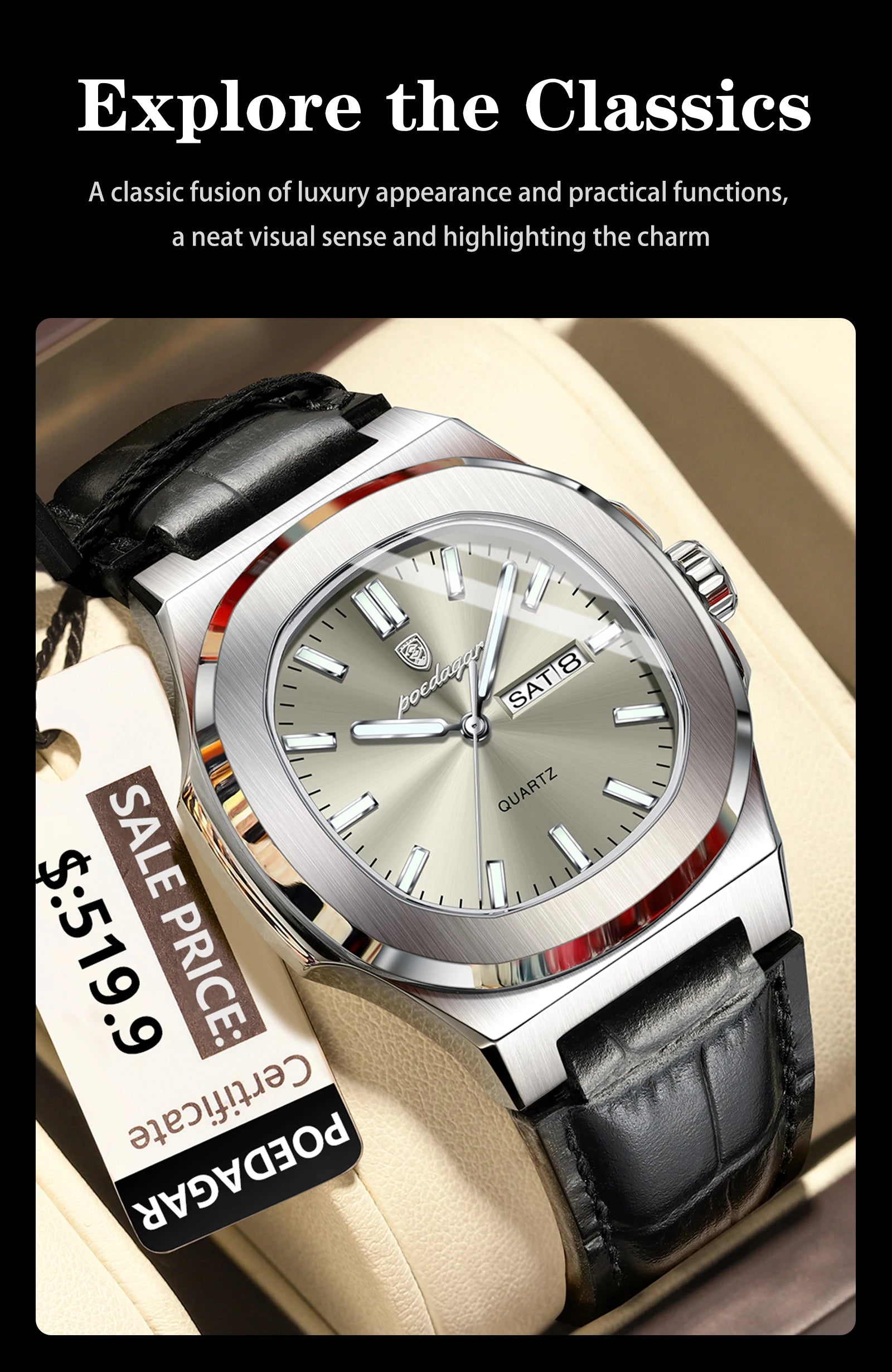 POEDAGAR High Quality Watch For Men Luxury Luminous Waterproof Week Calendar Man Clock Leather Square Men's Quartz Watches Reloj