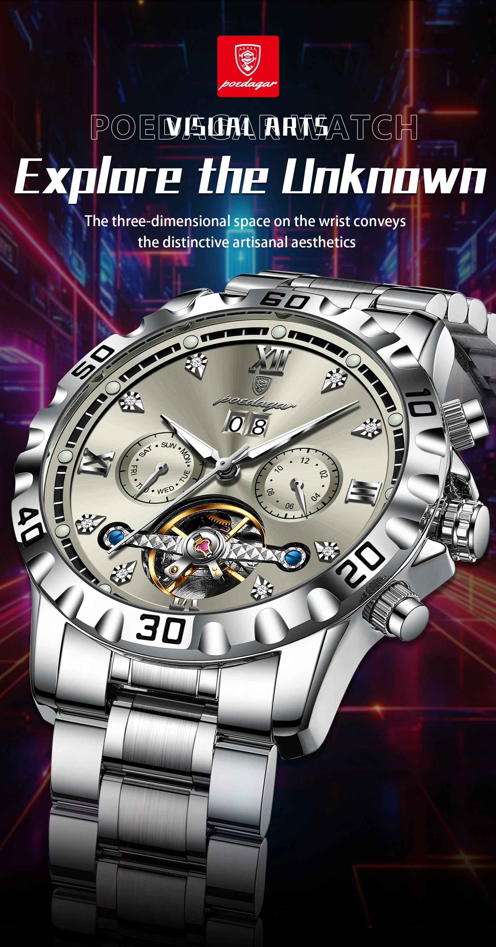 POEDAGAR Top Luxury Men Watch Automatic Date Week Man Wristwatch Hollow Tourbillon Mechanical Stainless Steel Men's Watches Male