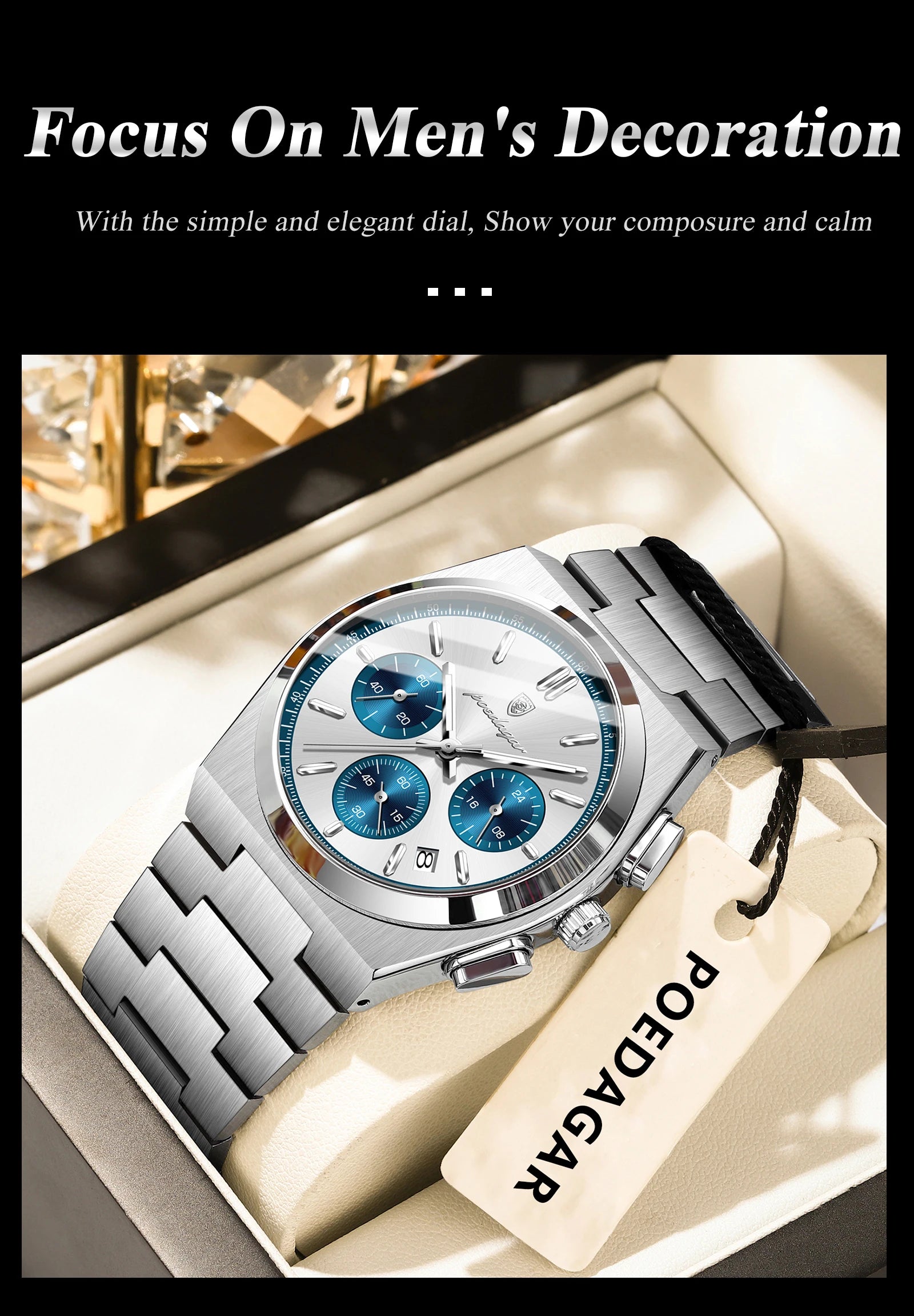 POEDAGAR Luxury Man Watch Chronograph Date Stainless Steel Sport Men Wristwatch Waterproof Luminous Fashion Quartz Men's Watches