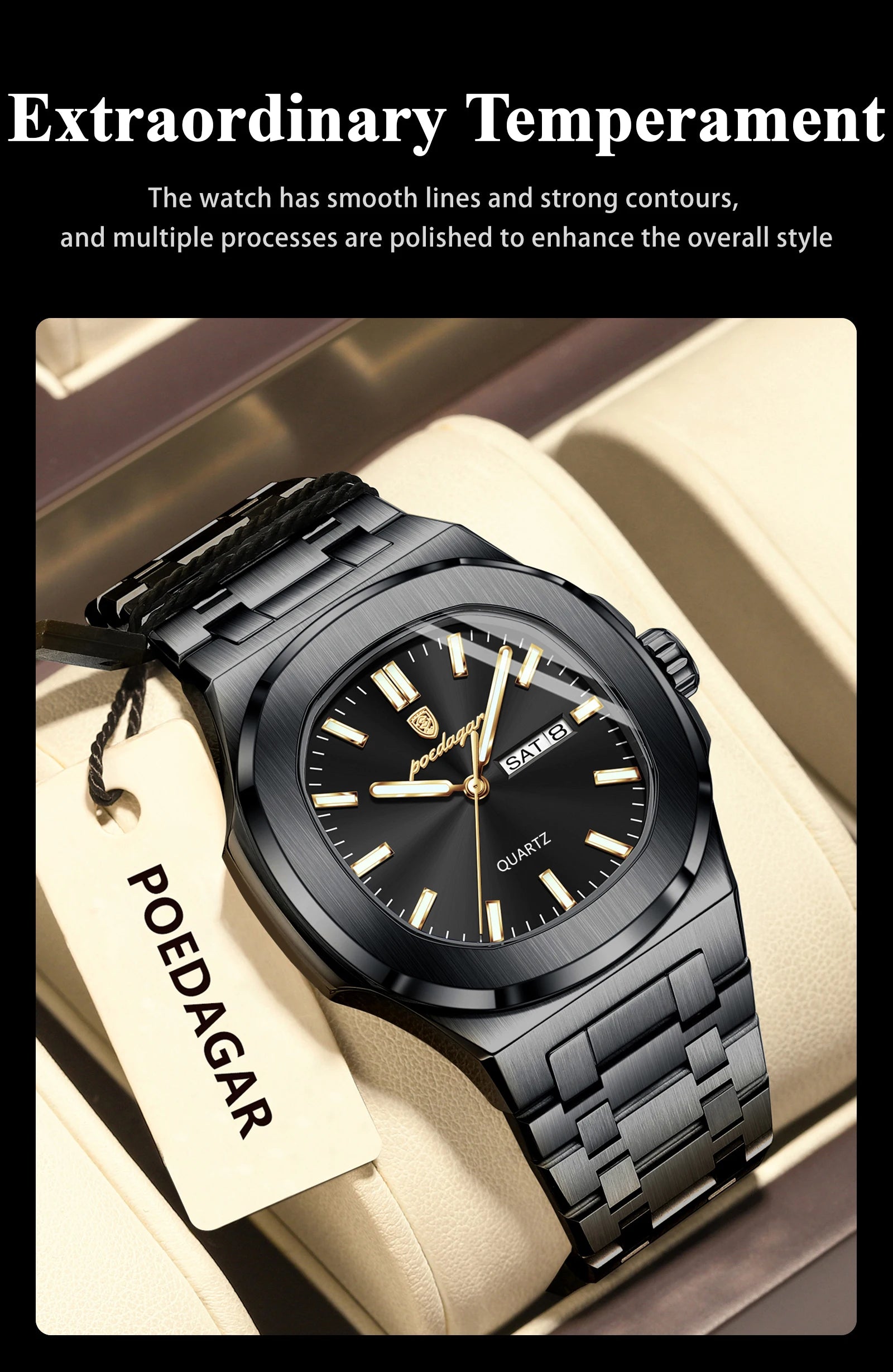 POEDAGAR Luxury Square Men's Watches Waterproof Luminous Date Week Men Watch Stainless Steel Fashion Quartz Man Wristwatch Reloj